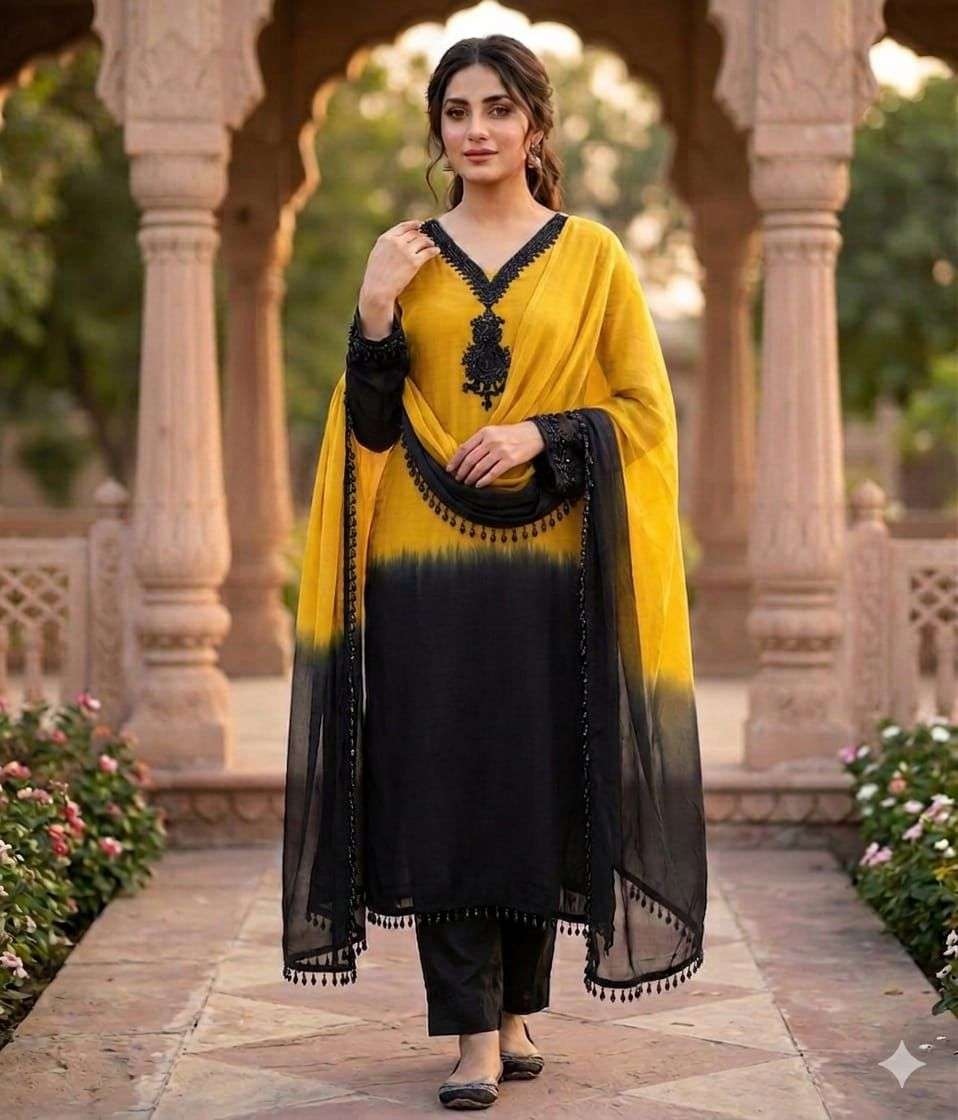 Yellow Ombre Beads Embroidery Crepe Silk Anarkali Suit