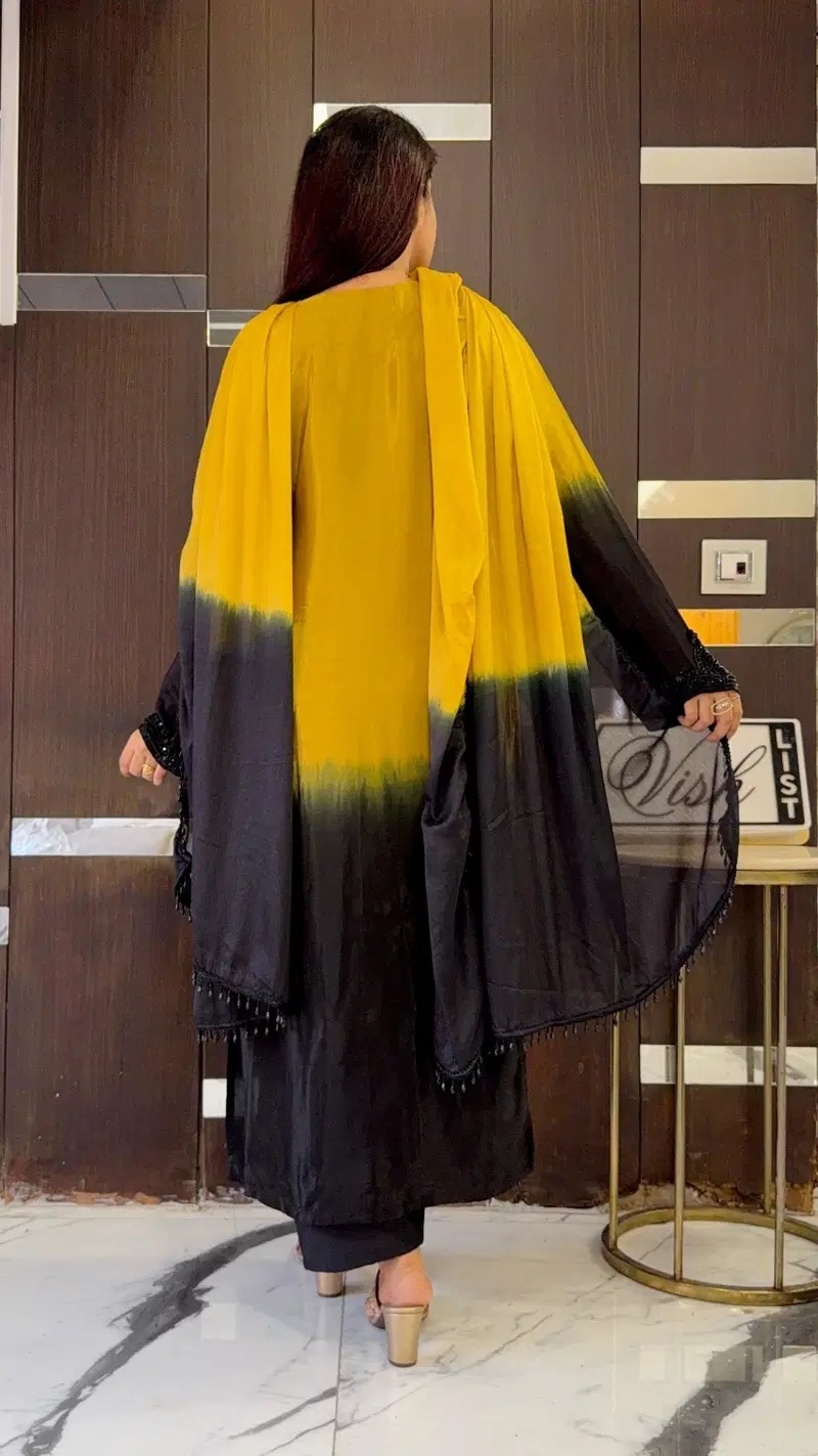 Yellow Ombre Beads Embroidery Crepe Silk Anarkali Suit — alternate view