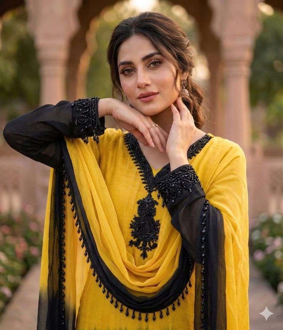 Yellow Ombre Beads Embroidery Crepe Silk Anarkali Suit