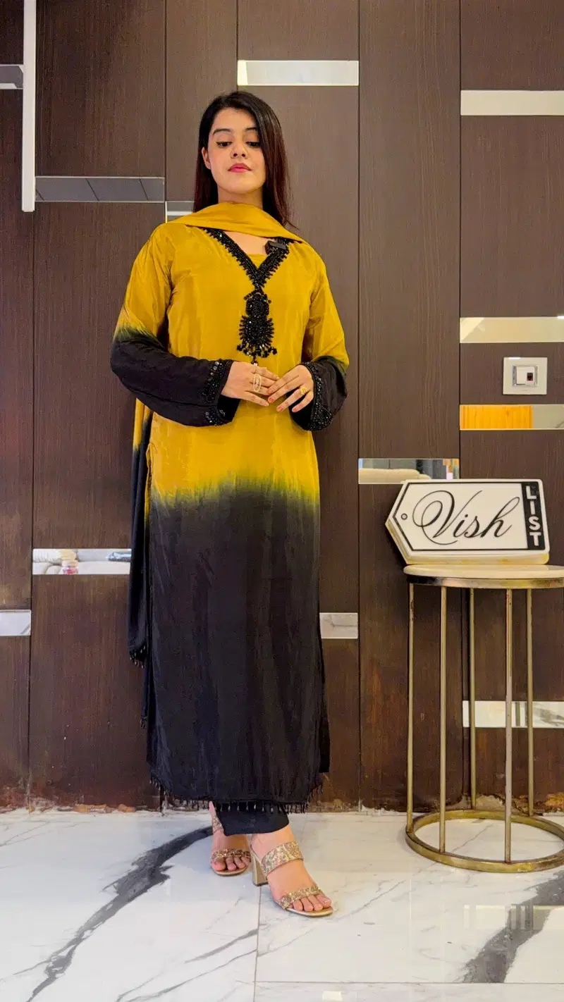 Yellow Ombre Beads Embroidery Crepe Silk Anarkali Suit
