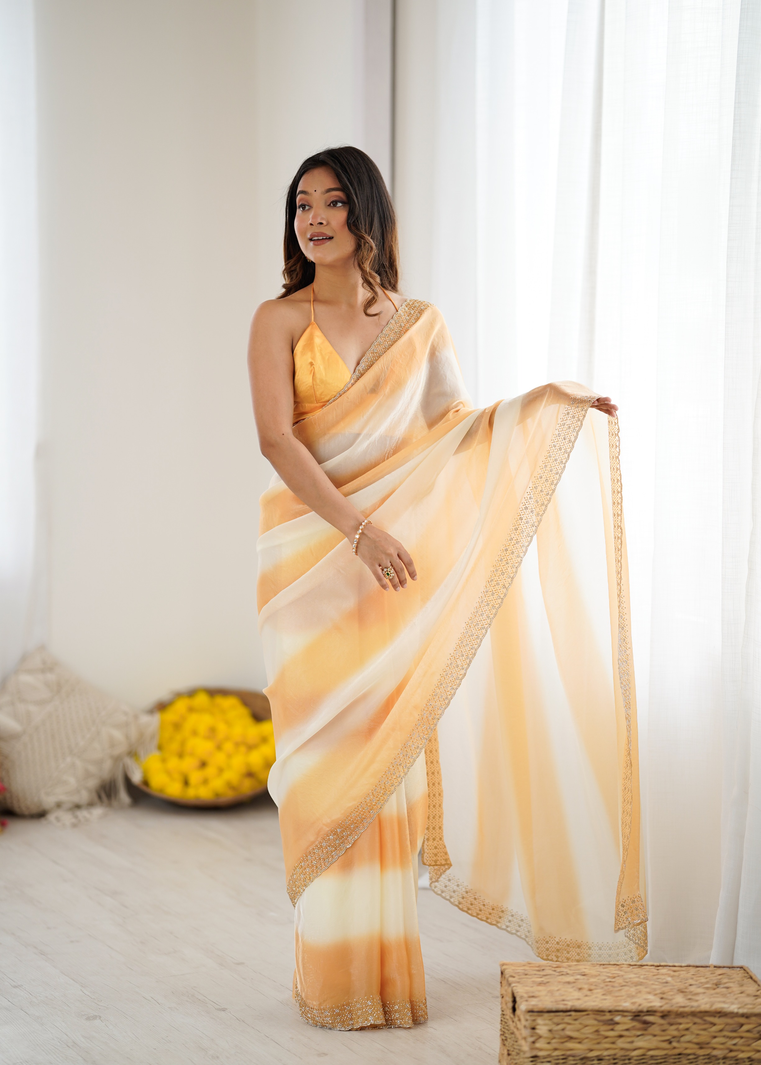 Yellow Ombre Zarkan Diamond Border Fendi Satin Saree