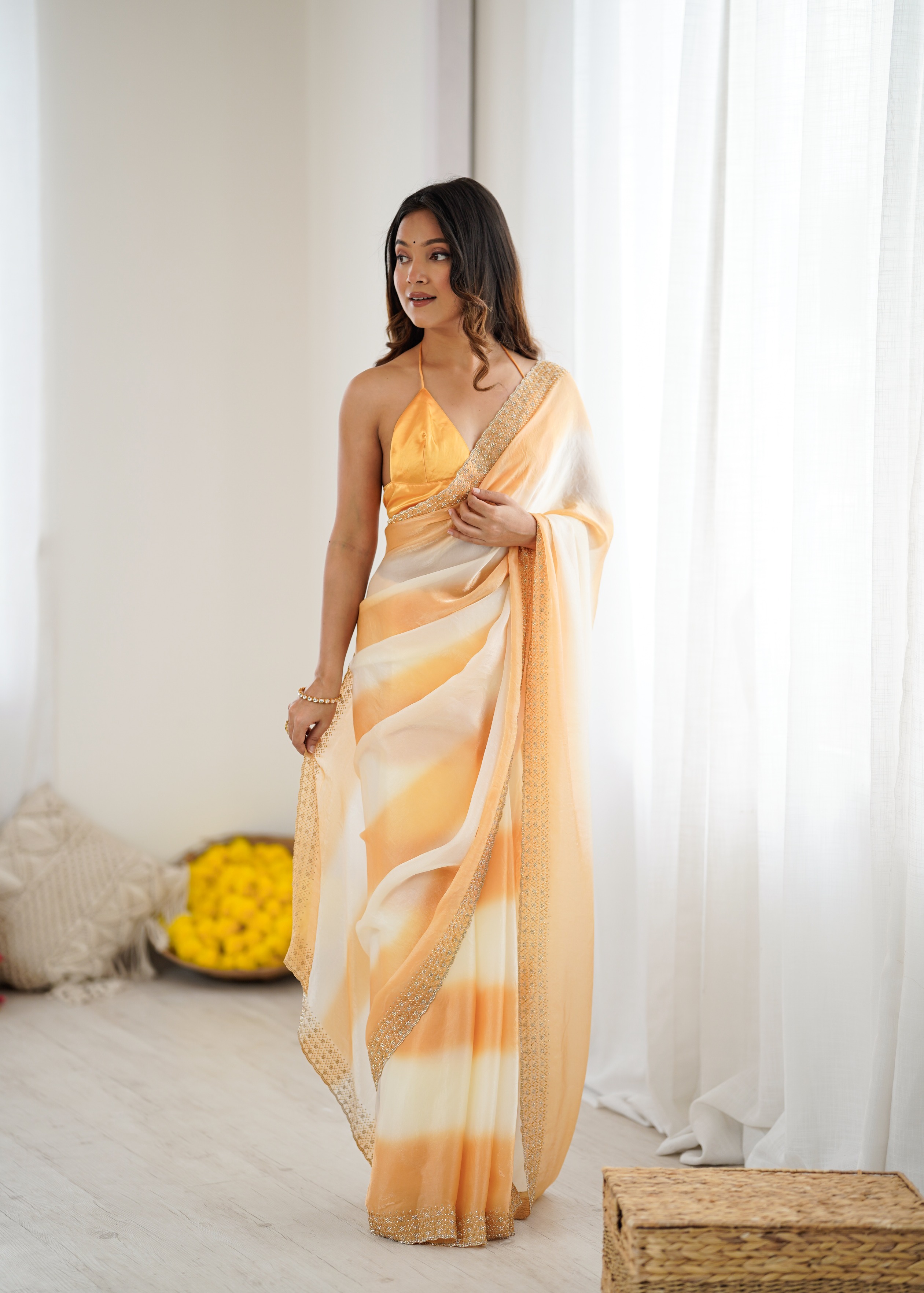 Yellow Ombre Zarkan Diamond Border Fendi Satin Saree — alternate view