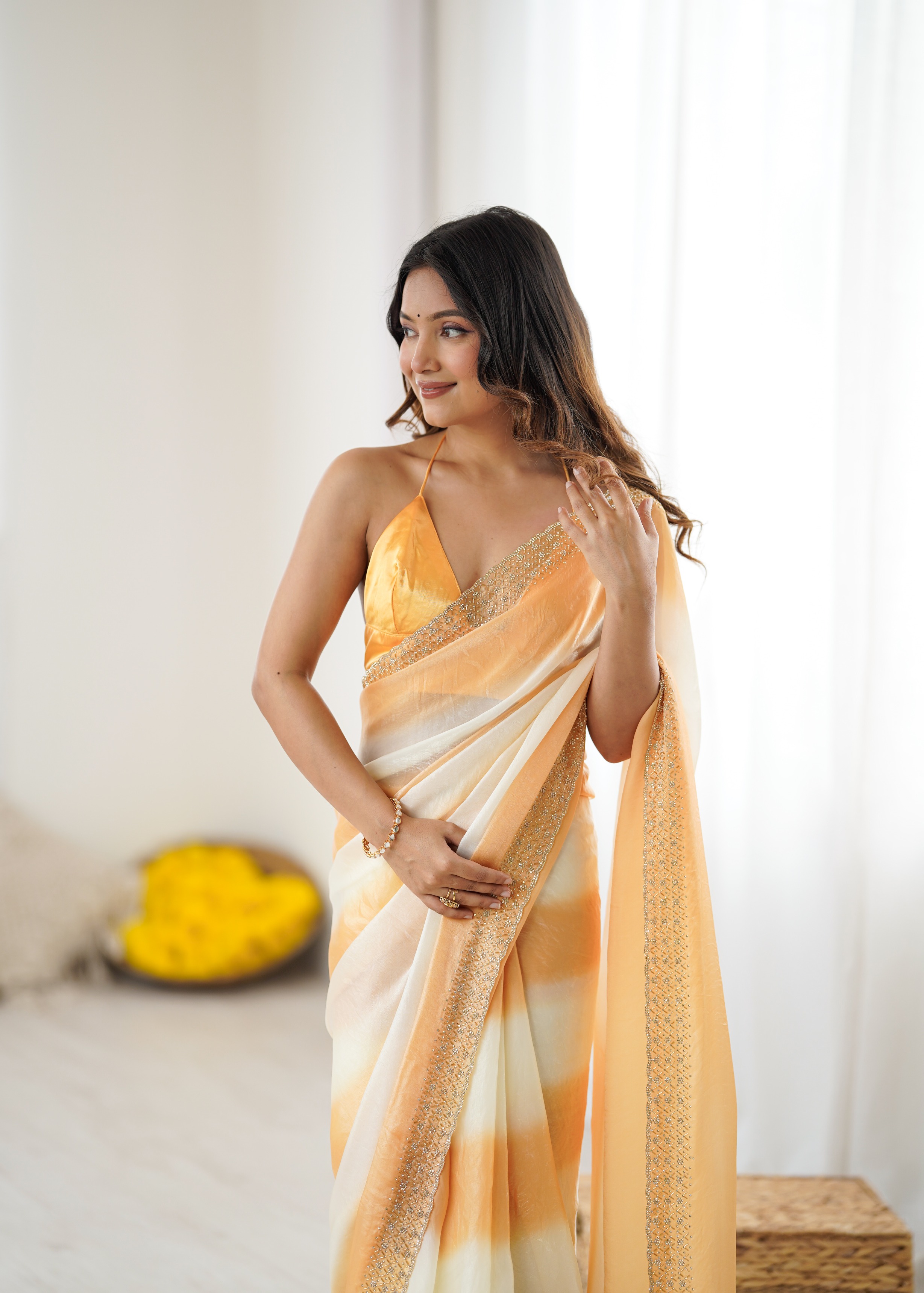 Yellow Ombre Zarkan Diamond Border Fendi Satin Saree