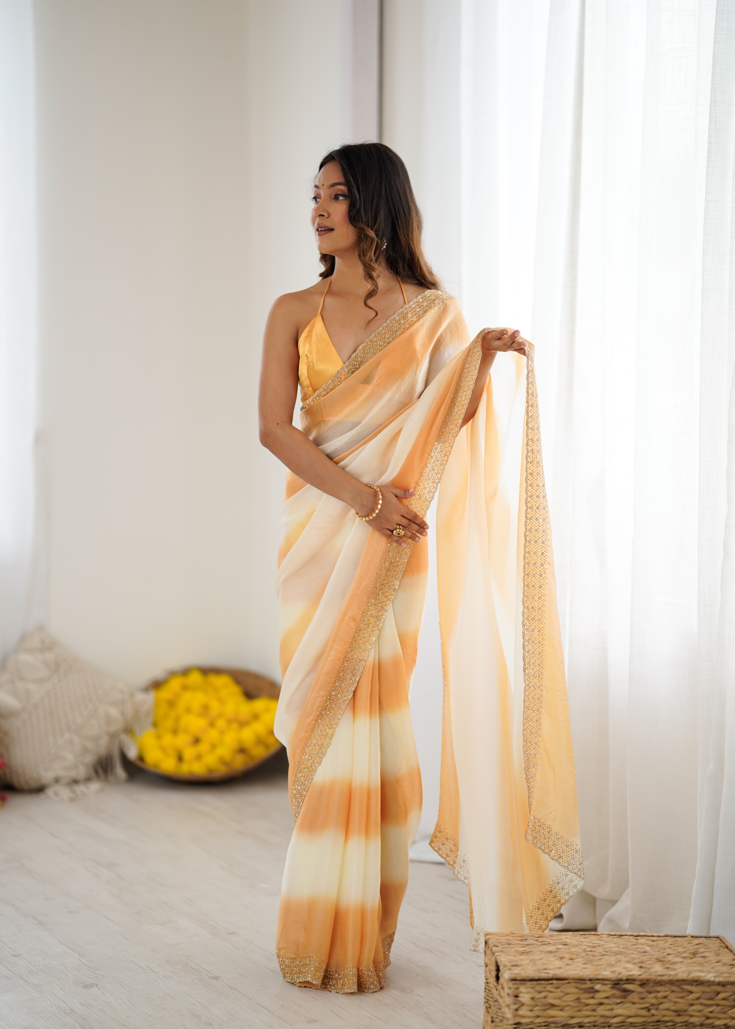 Yellow Ombre Zarkan Diamond Border Fendi Satin Saree