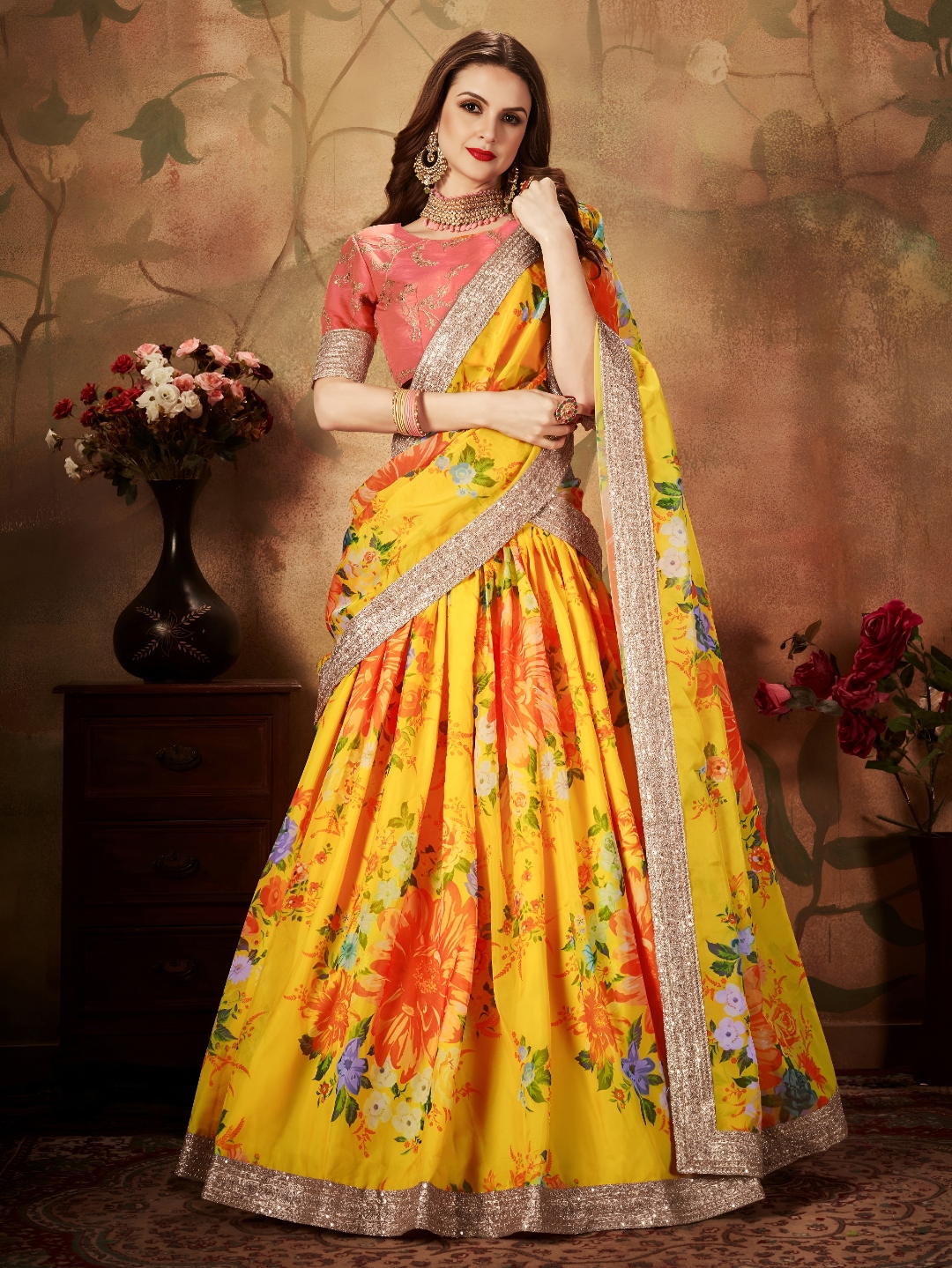 Yellow Orange Floral Organza Lehenga Choli