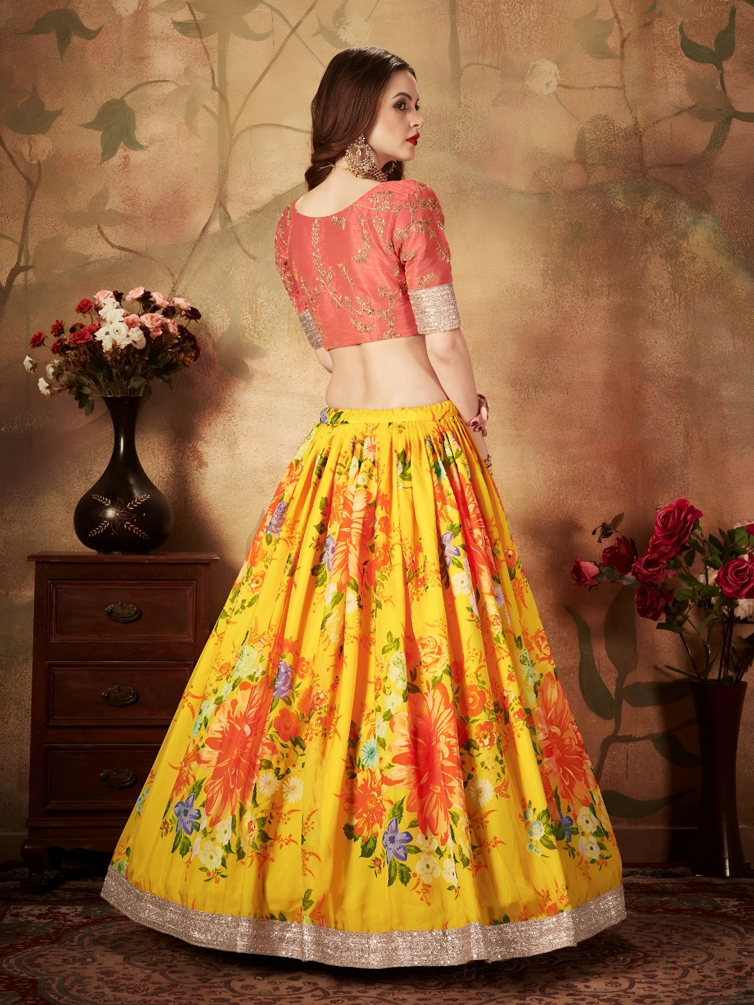 Yellow Orange Floral Organza Lehenga Choli — alternate view