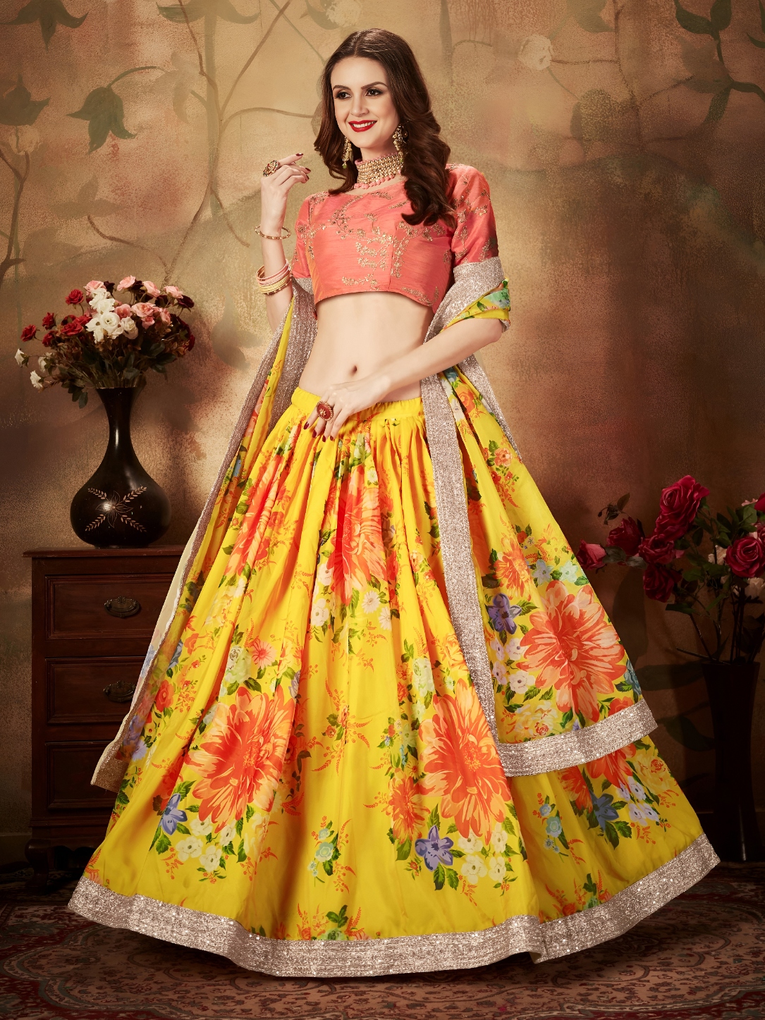 Yellow Orange Floral Organza Lehenga Choli