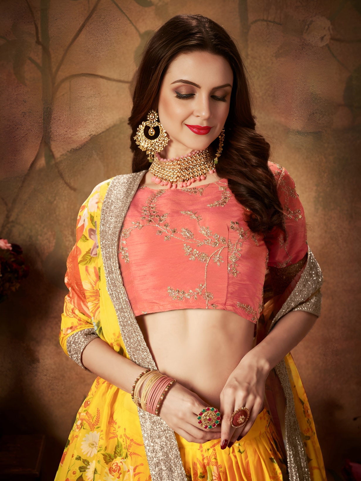 Yellow Orange Floral Organza Lehenga Choli