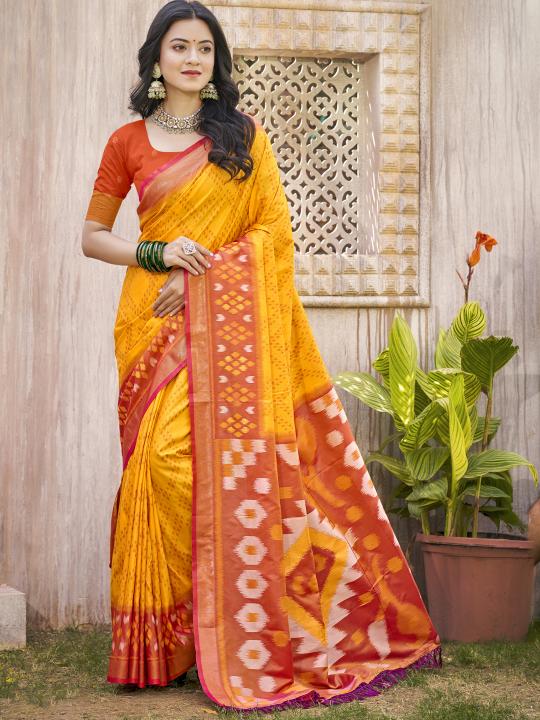 Yellow Orange Pochampalli Silk Saree