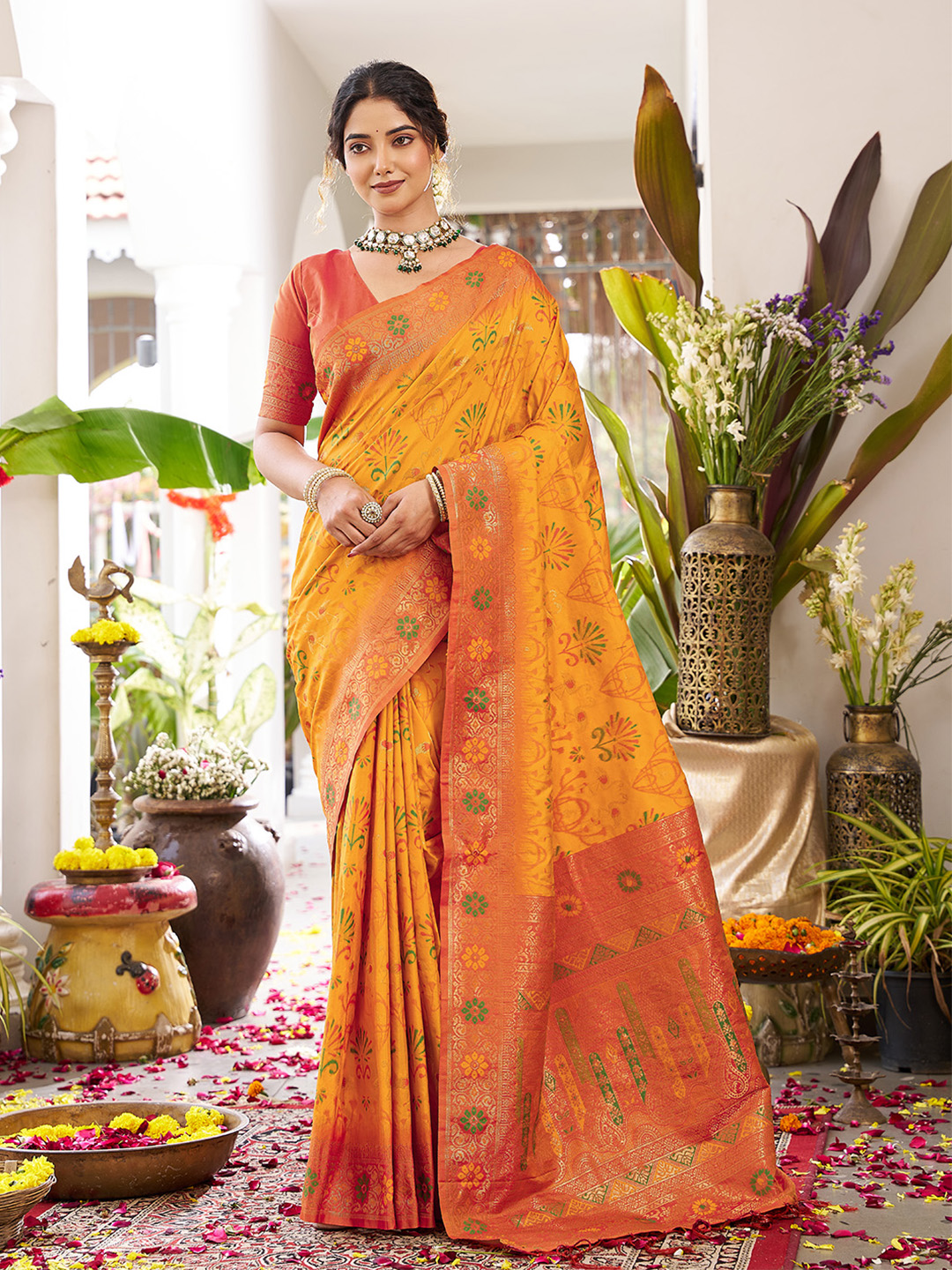 Yellow Orange Soft Silk Woven Saree
