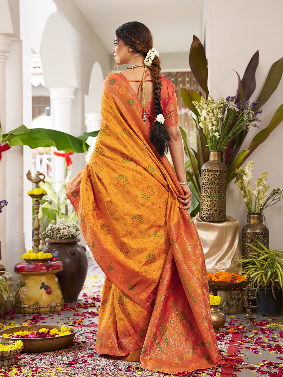 Yellow Orange Soft Silk Woven Saree — alternate view