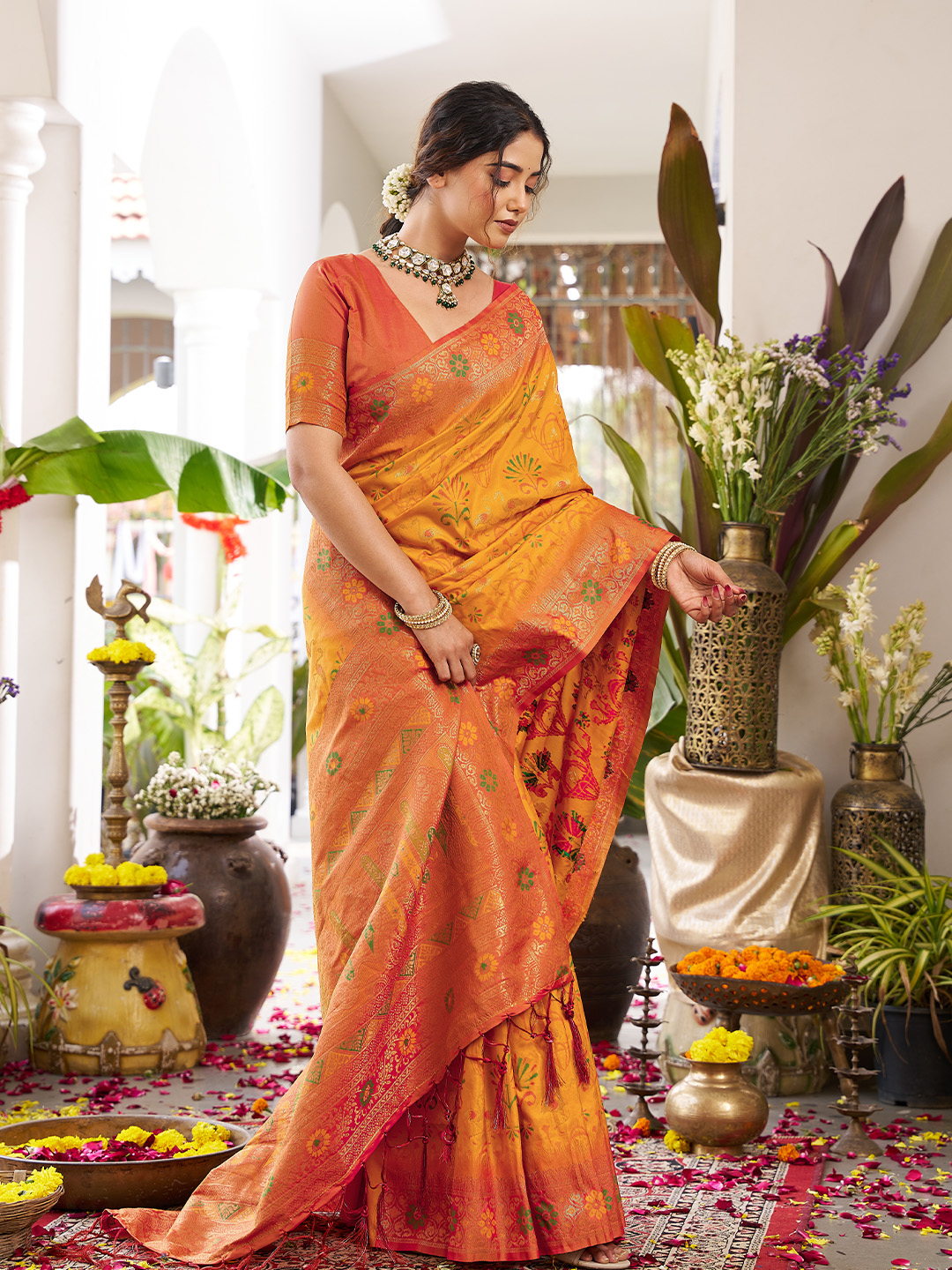 Yellow Orange Soft Silk Woven Saree