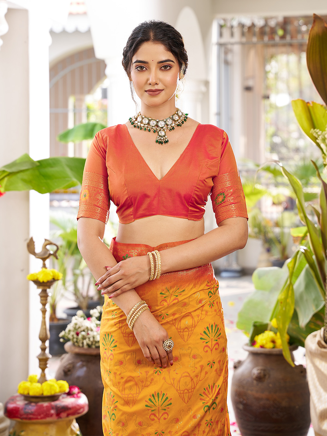 Yellow Orange Soft Silk Woven Saree