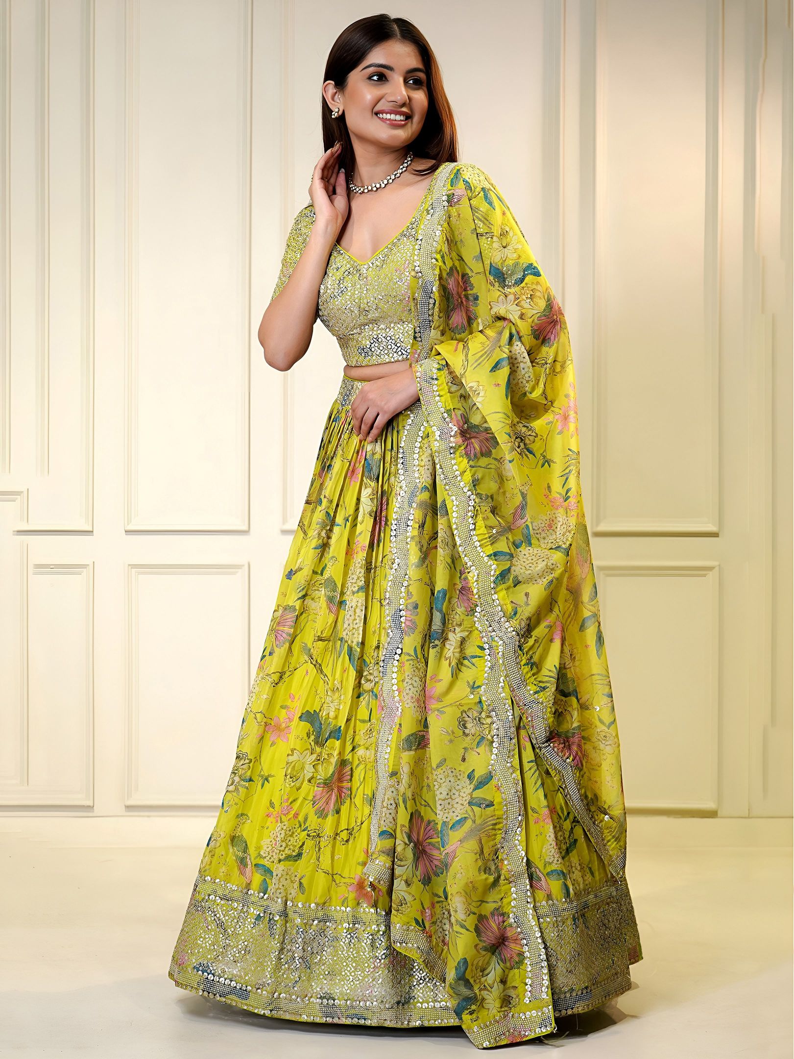 Yellow Organza Digital Printed Sequins Zari Embroidered Lehenga Choli