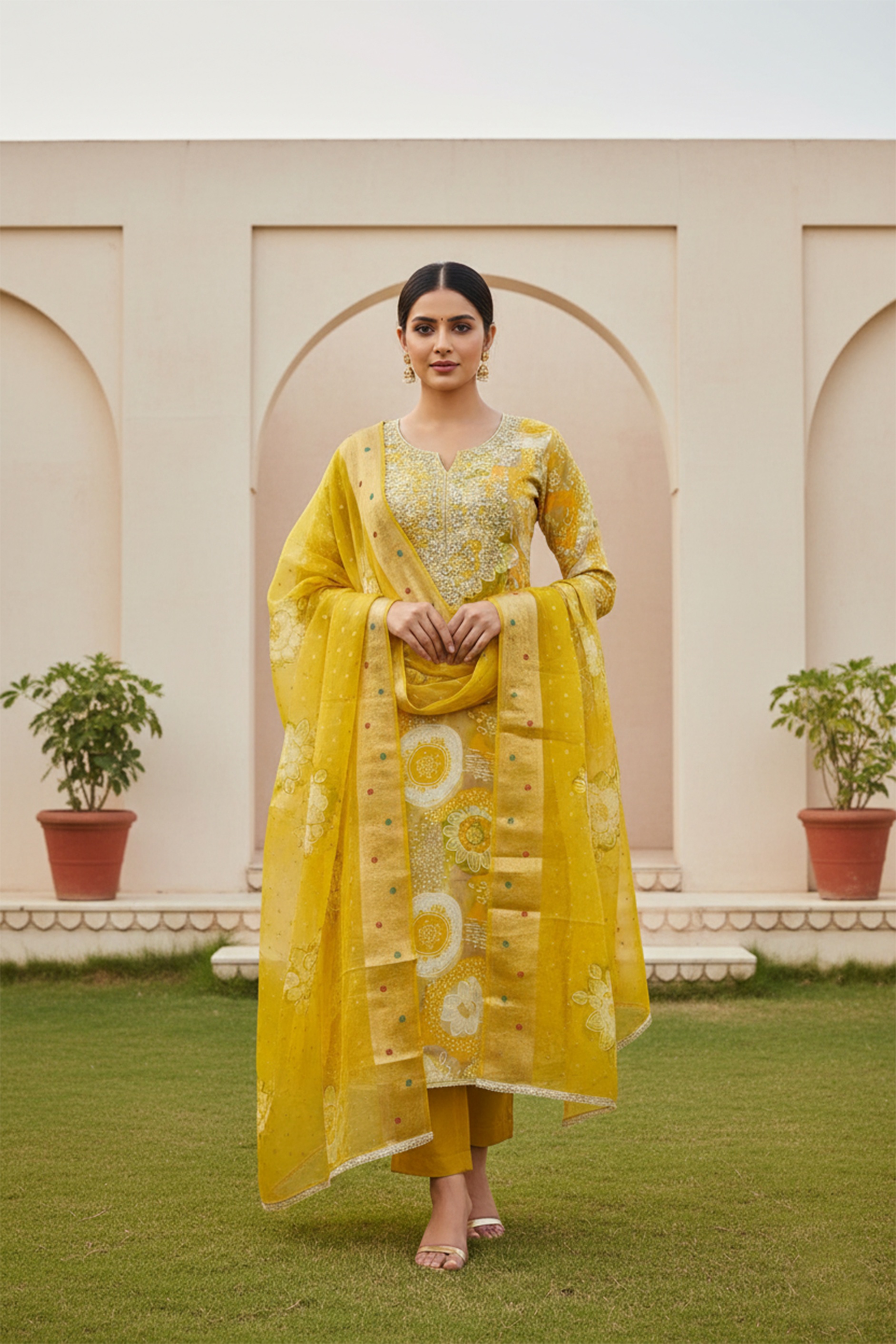 Yellow Organza Jacquard Salwar Suit