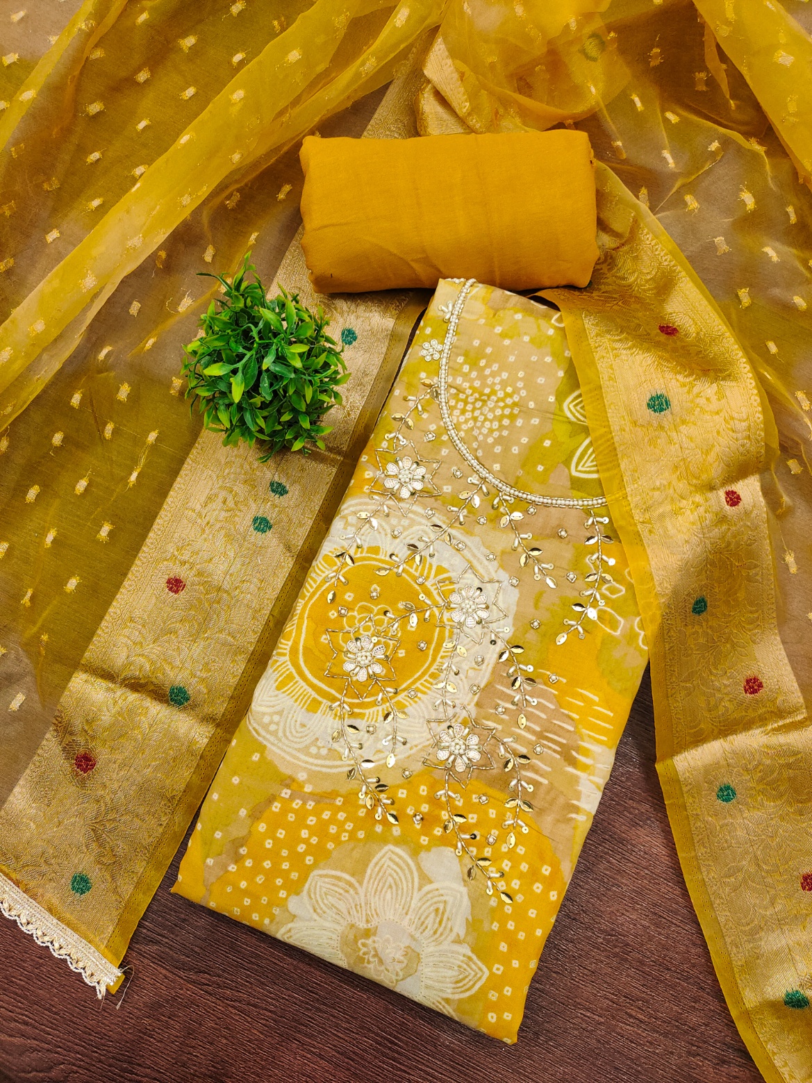 Yellow Organza Jacquard Salwar Suit