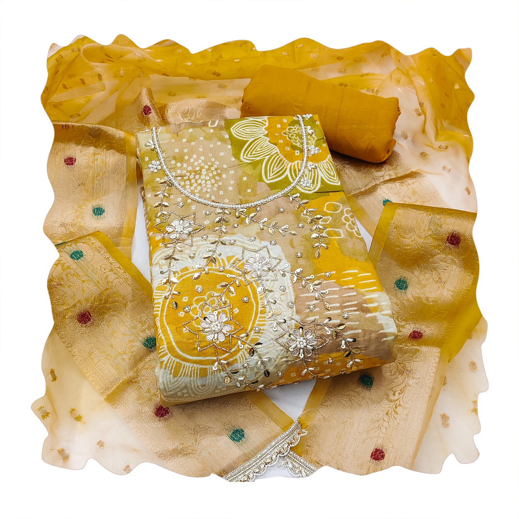 Yellow Organza Jacquard Salwar Suit