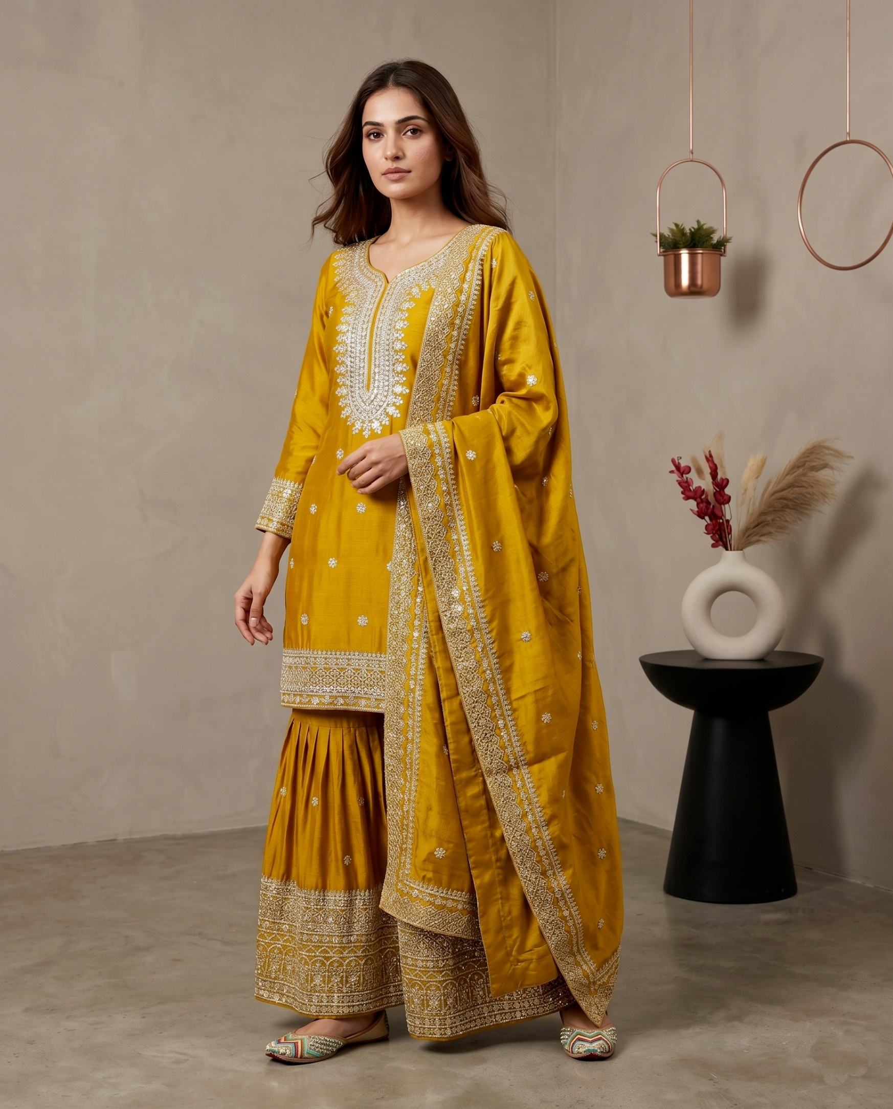 Yellow Paisley Pure Heavy Chinnon Silk Sharara Suit