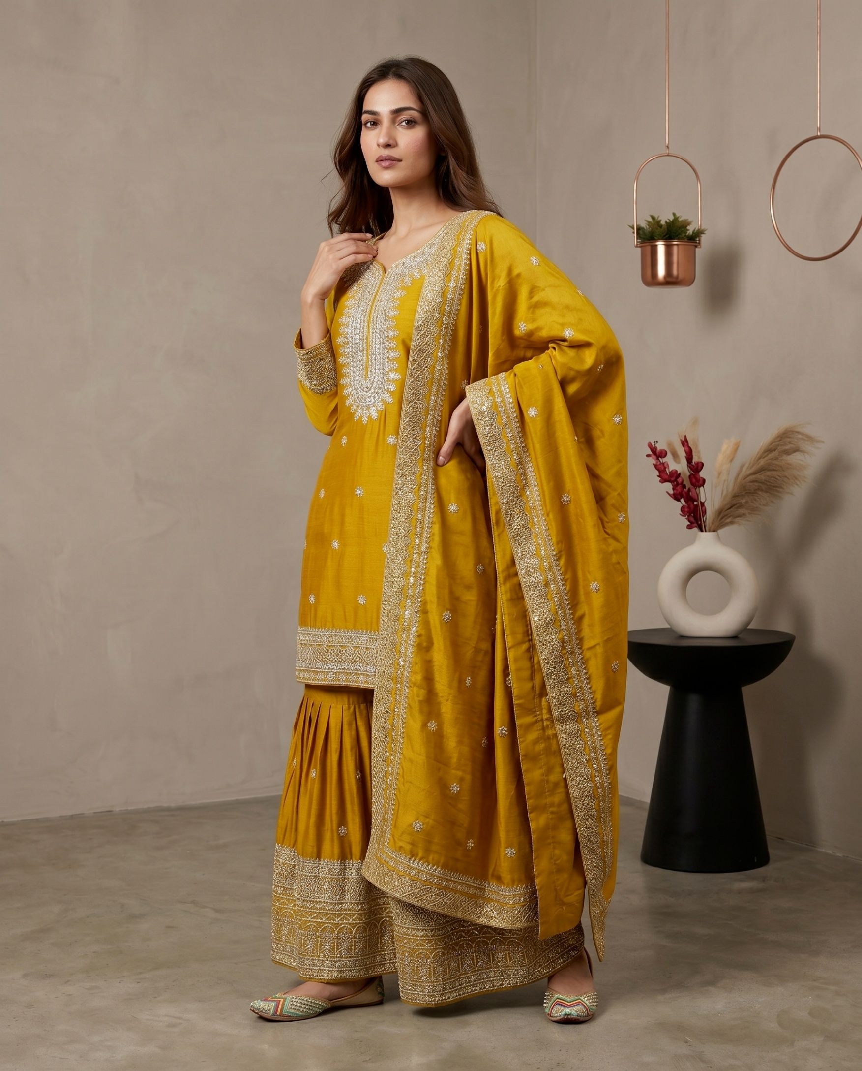 Yellow Paisley Pure Heavy Chinnon Silk Sharara Suit — alternate view