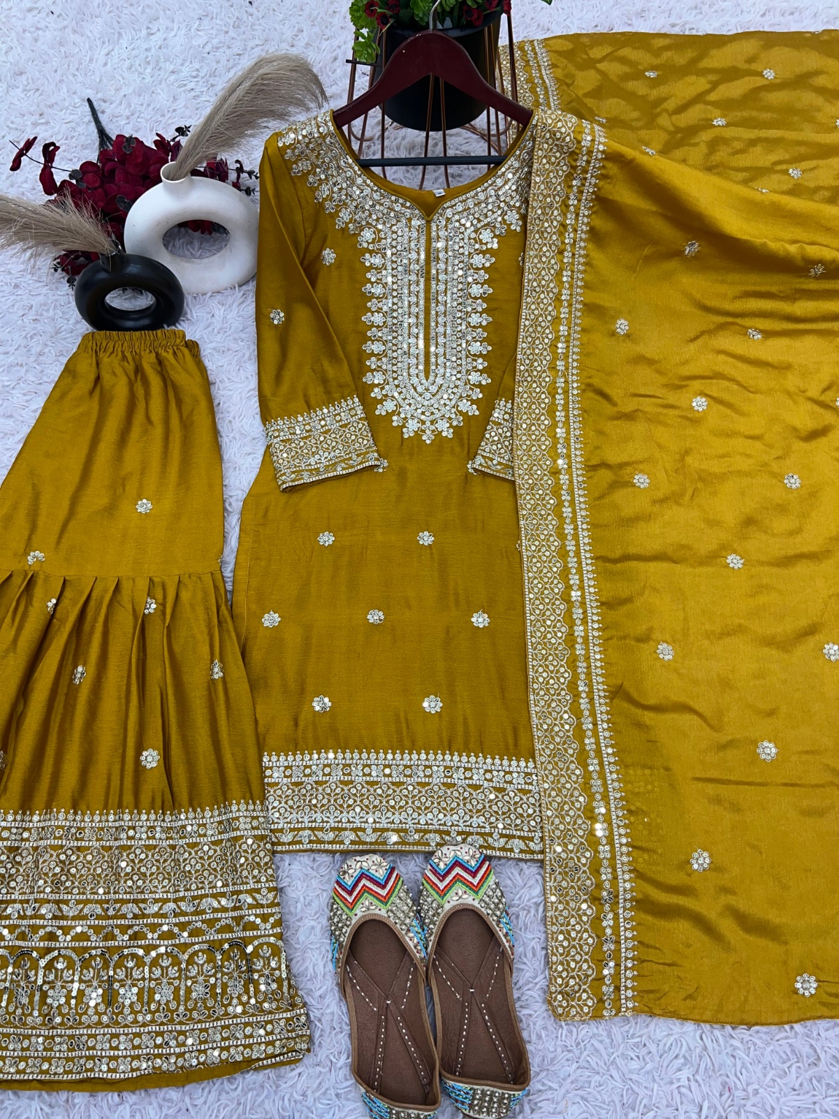 Yellow Paisley Pure Heavy Chinnon Silk Sharara Suit