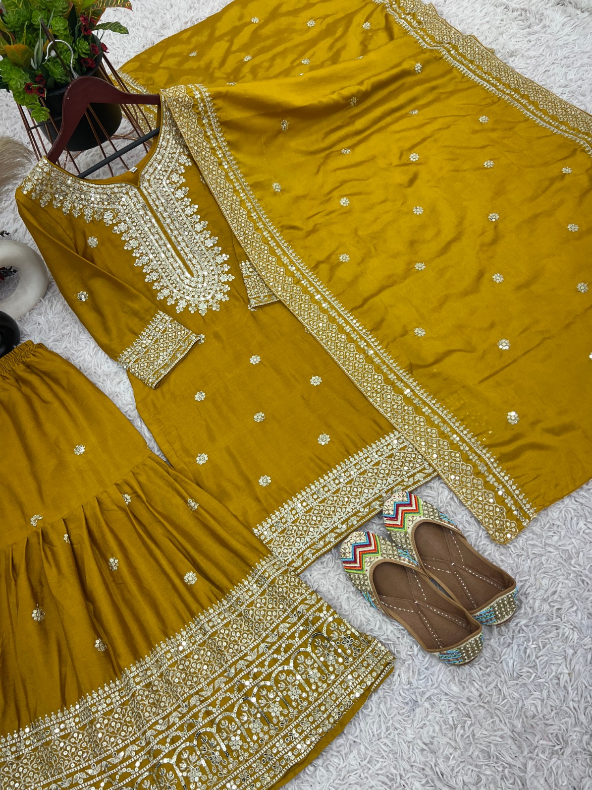 Yellow Paisley Pure Heavy Chinnon Silk Sharara Suit