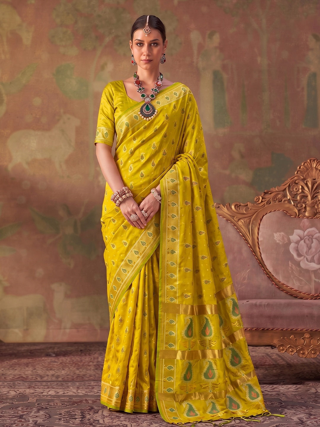 Yellow Paisley Woven Soft Silk Saree