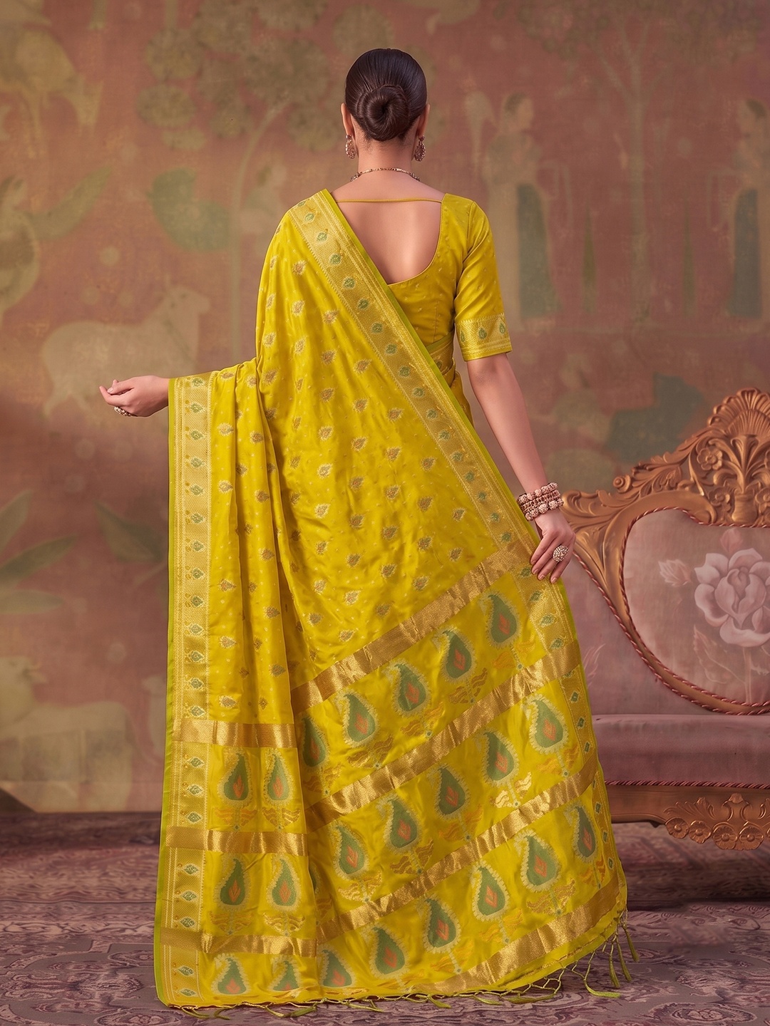 Yellow Paisley Woven Soft Silk Saree — alternate view