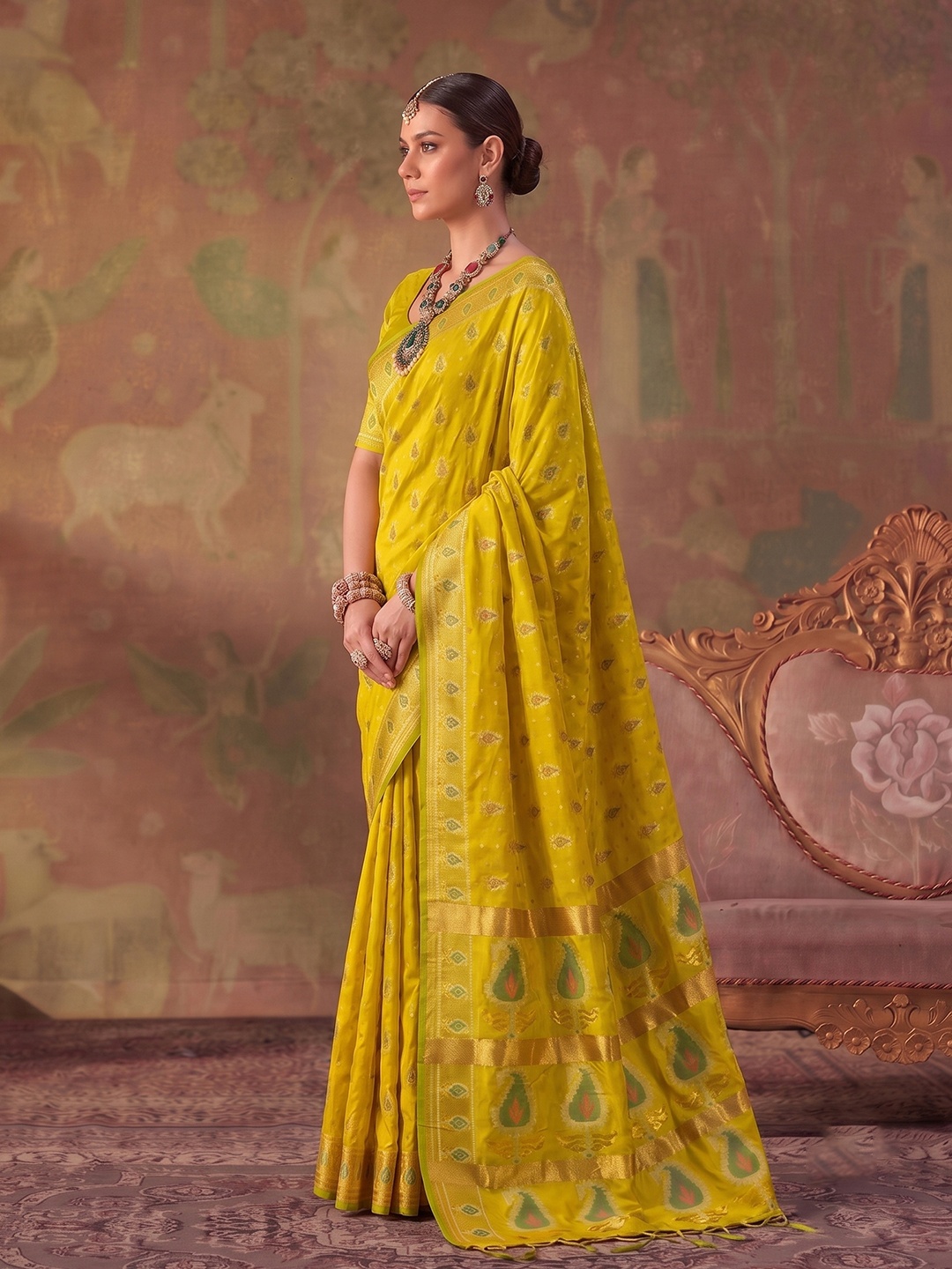 Yellow Paisley Woven Soft Silk Saree