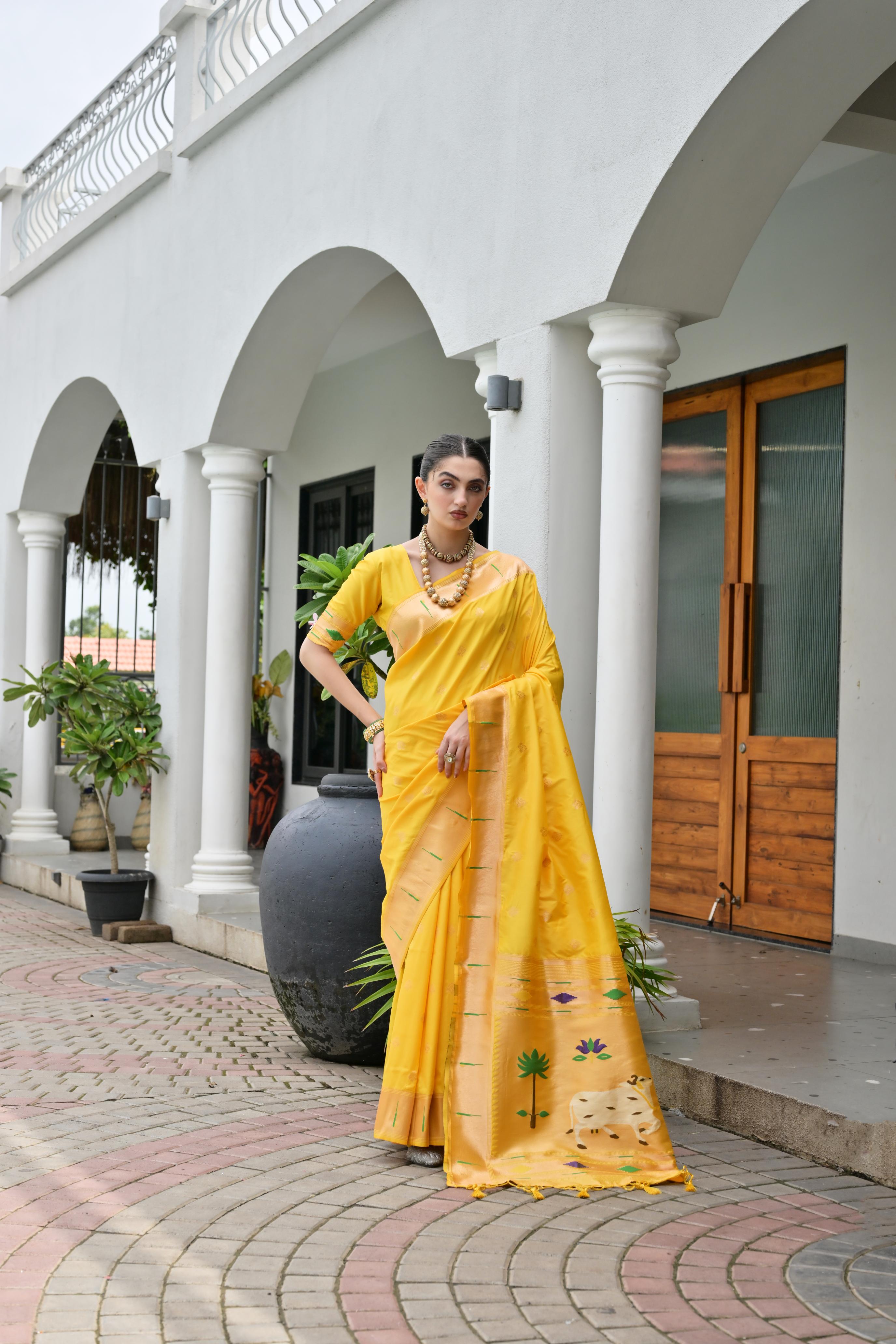 Yellow Paithani Woven Designer Banarasi Silk Saree