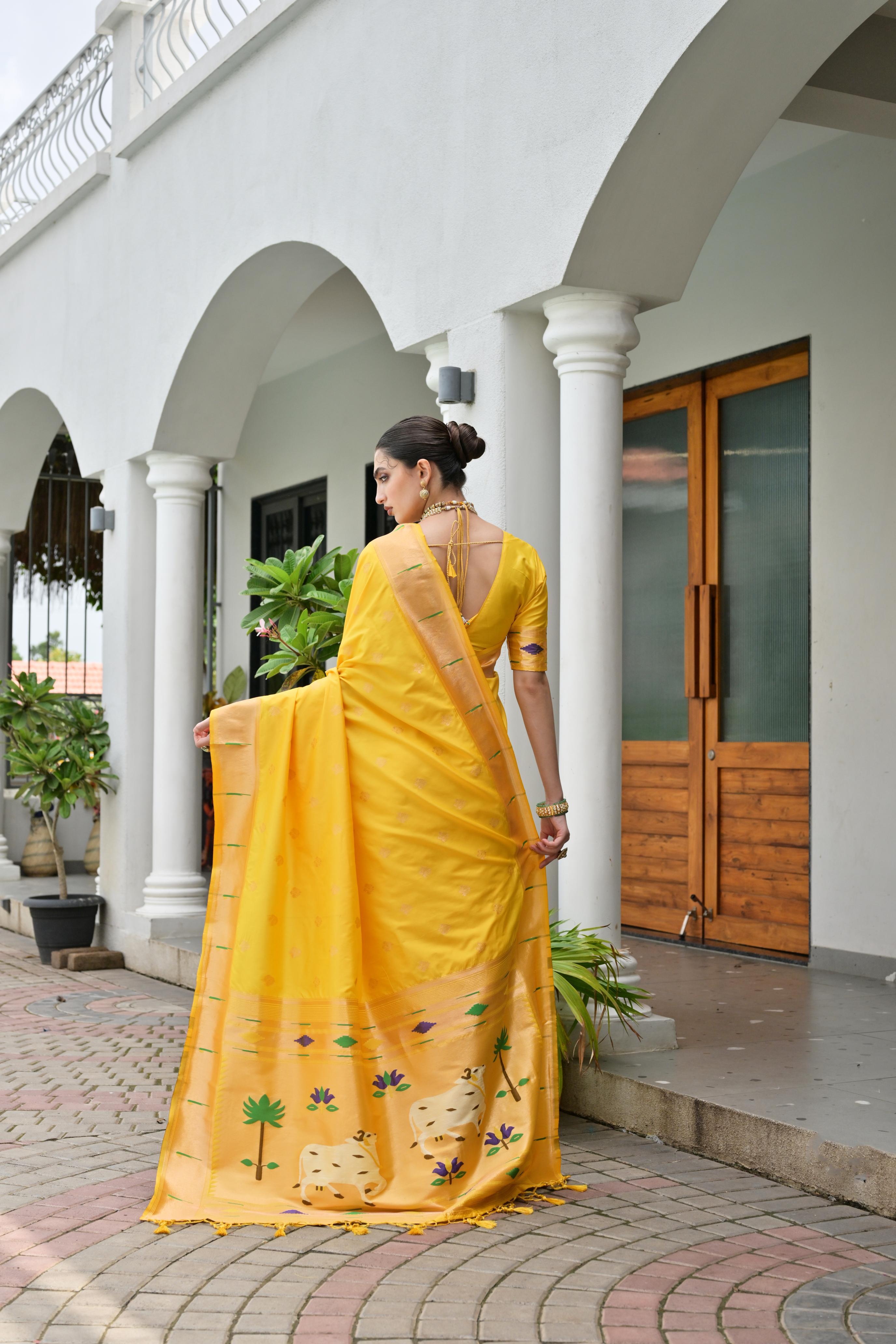 Yellow Paithani Woven Designer Banarasi Silk Saree — alternate view