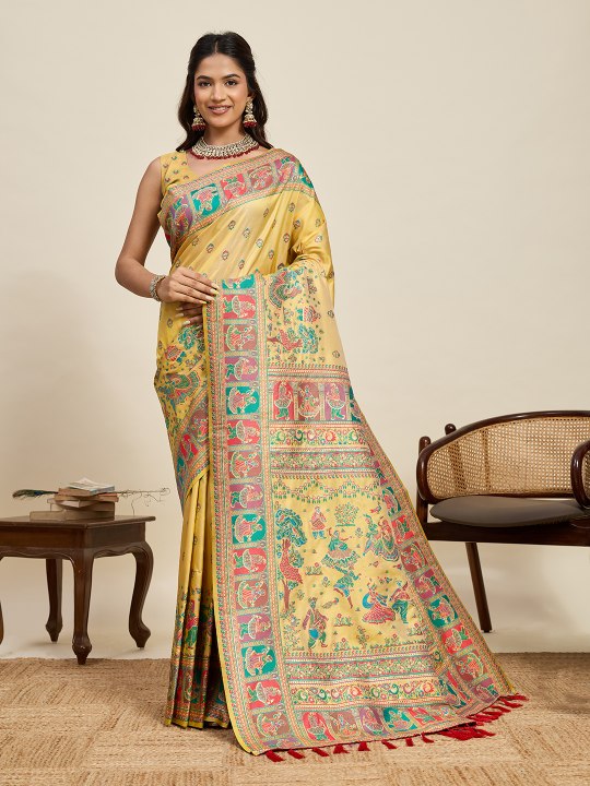 Yellow Pashmina Silk Meenakari Designer Saree