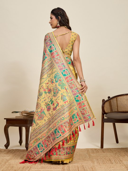 Yellow Pashmina Silk Meenakari Designer Saree — alternate view