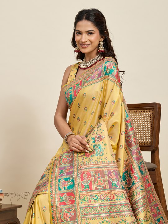 Yellow Pashmina Silk Meenakari Designer Saree