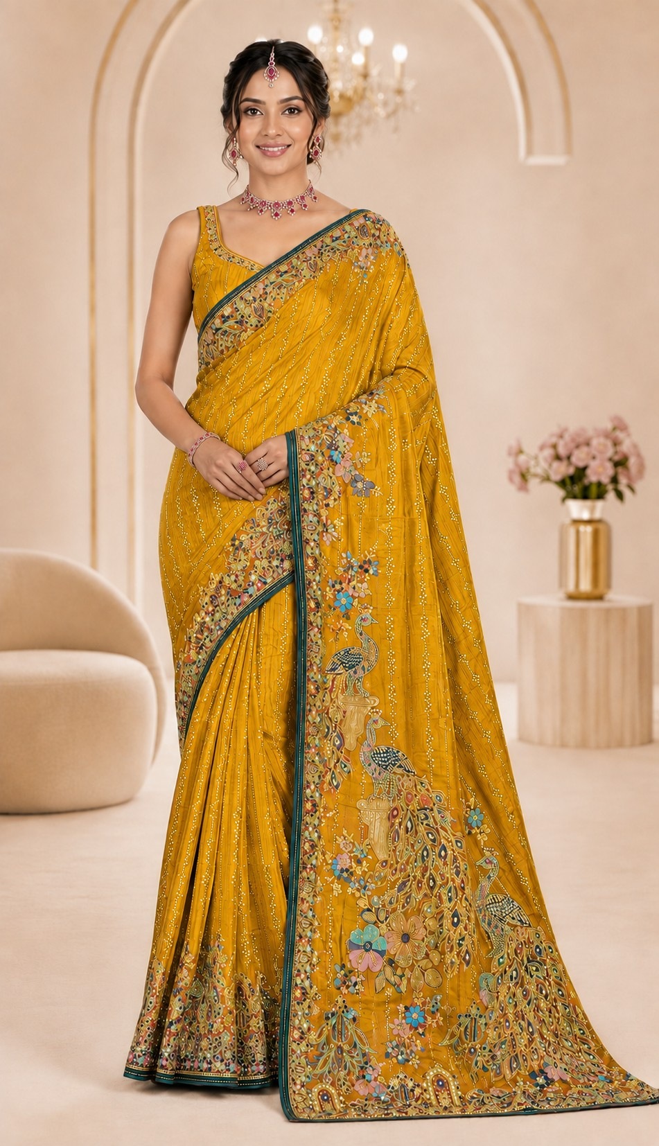 Yellow Peacock Woven Work Satin Saree