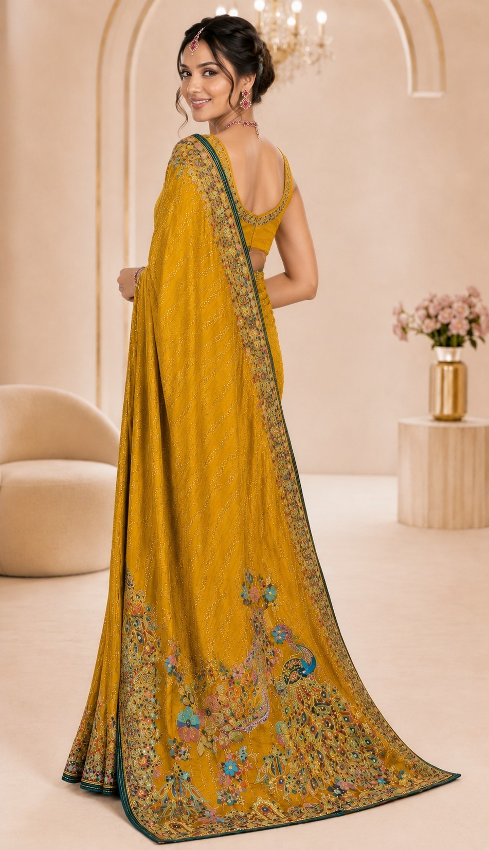 Yellow Peacock Woven Work Satin Saree — alternate view