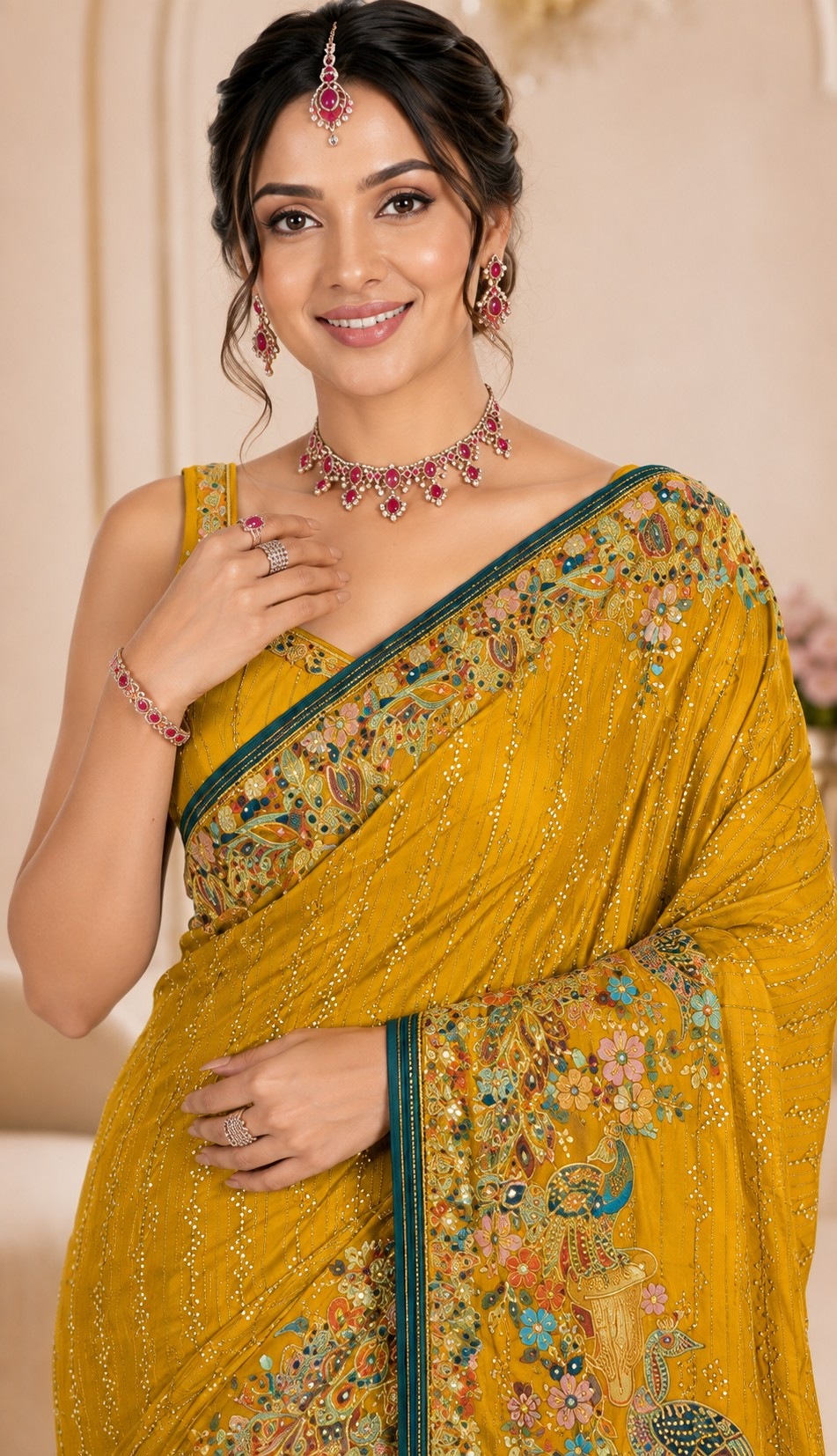 Yellow Peacock Woven Work Satin Saree
