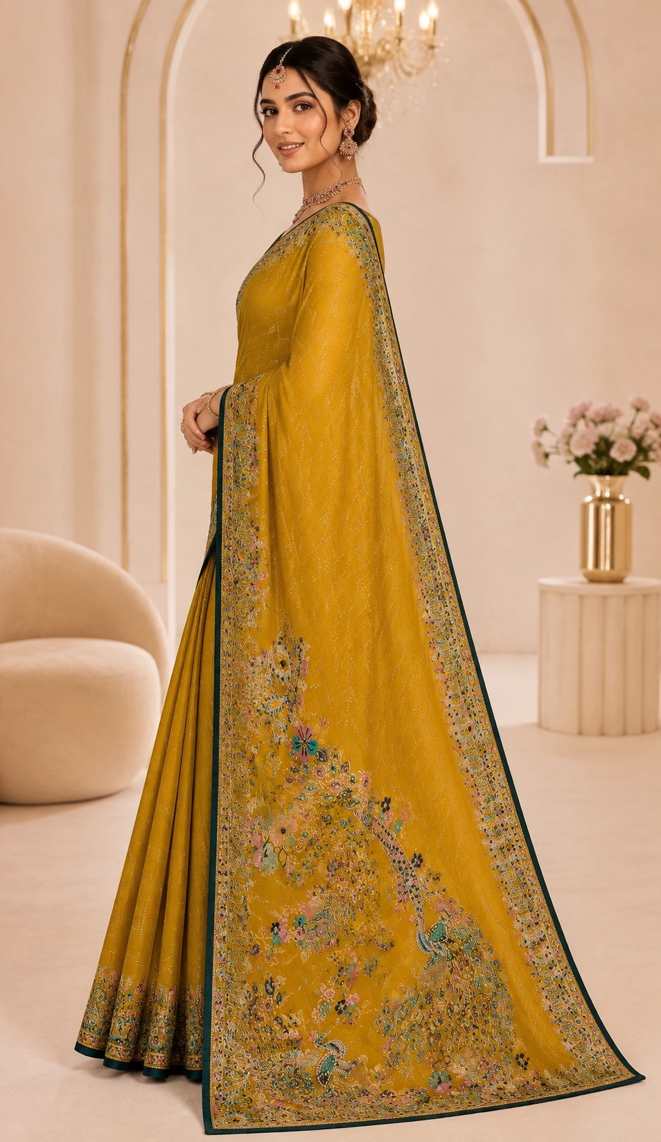 Yellow Peacock Woven Work Satin Saree