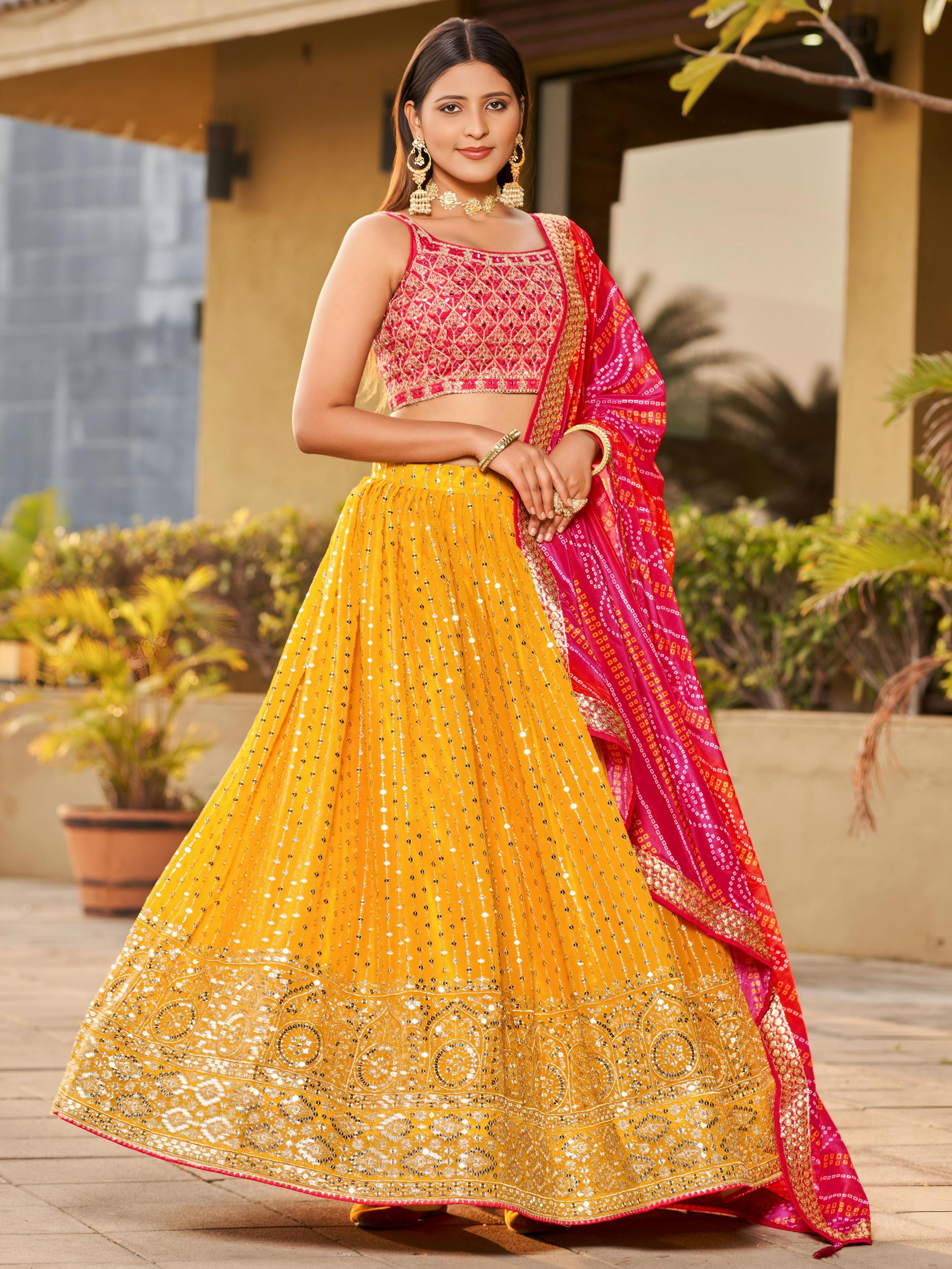 Yellow Pink Art Silk Sequins Embroidered Lehenga Choli