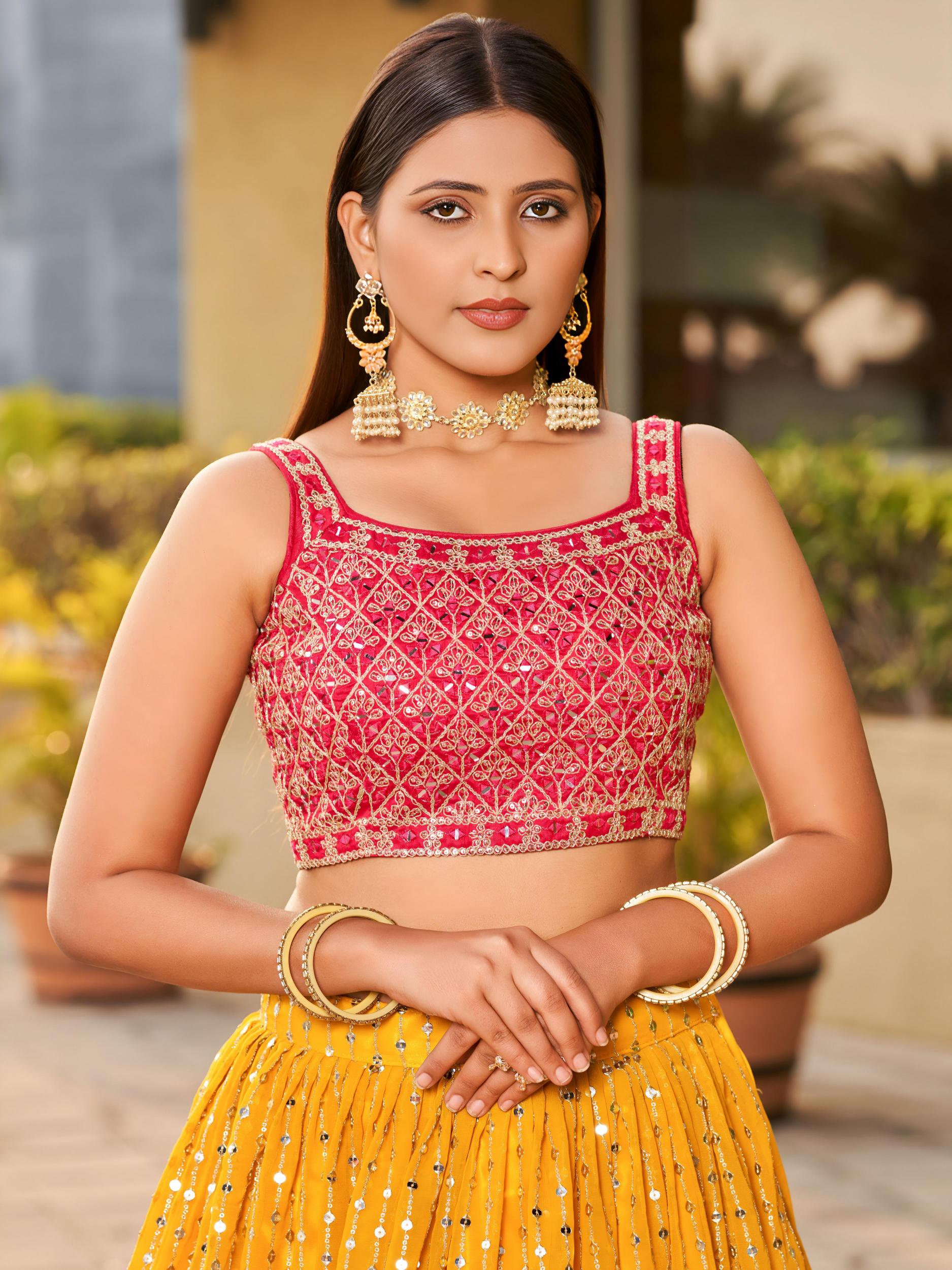Yellow Pink Art Silk Sequins Embroidered Lehenga Choli