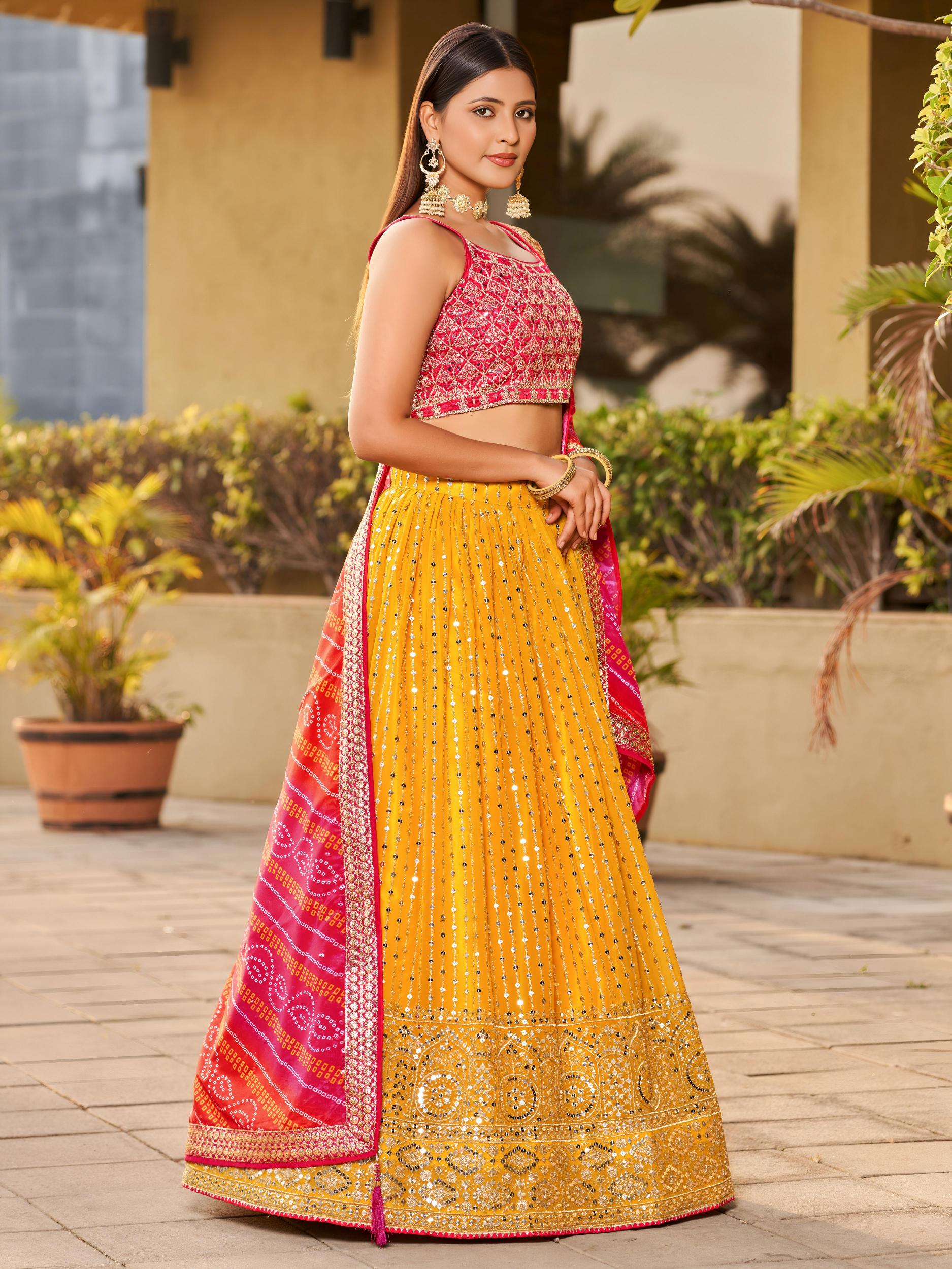 Yellow Pink Art Silk Sequins Embroidered Lehenga Choli