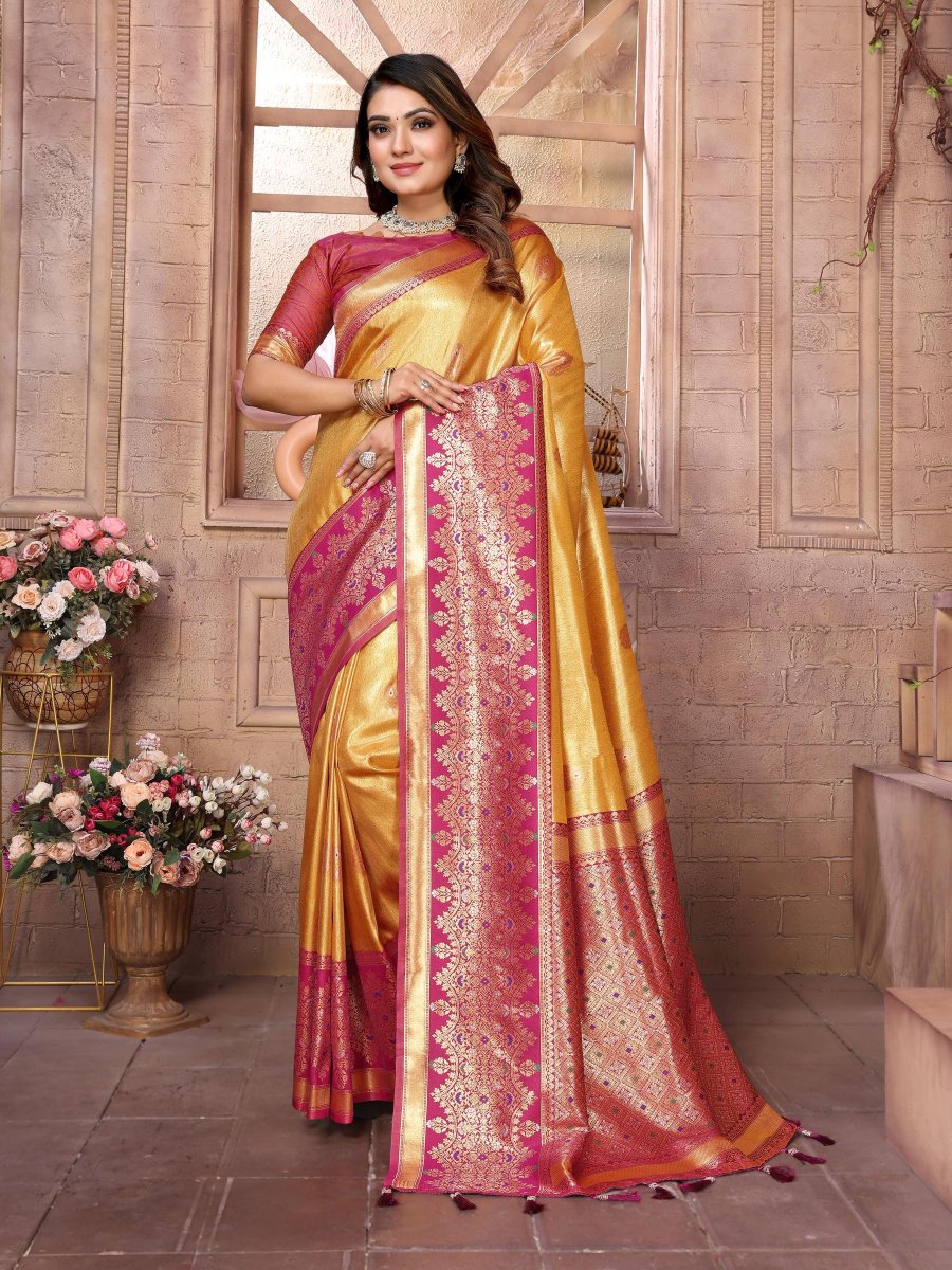 Yellow Pink Banarasi Tissue Silk Saree