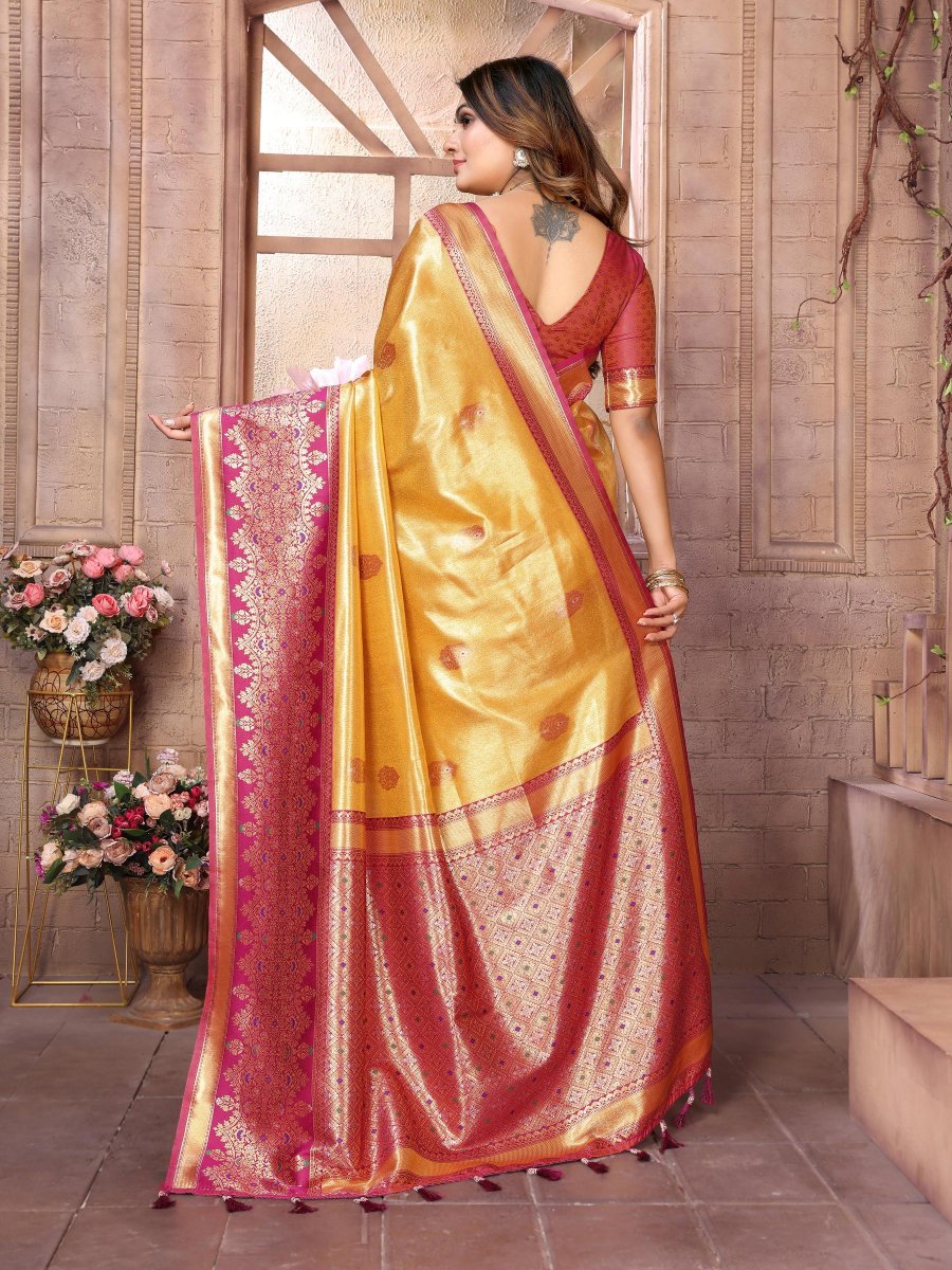 Yellow Pink Banarasi Tissue Silk Saree — alternate view