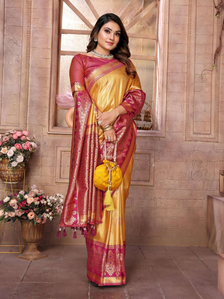 Yellow Pink Banarasi Tissue Silk Saree