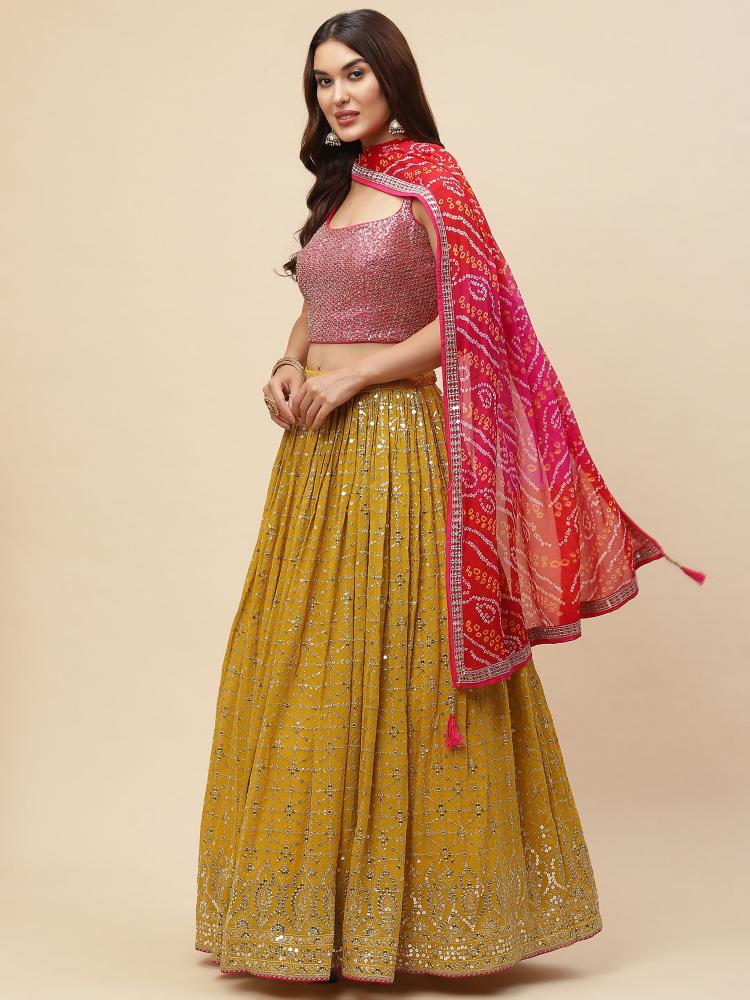 Yellow-Pink Georgette Lehenga Choli