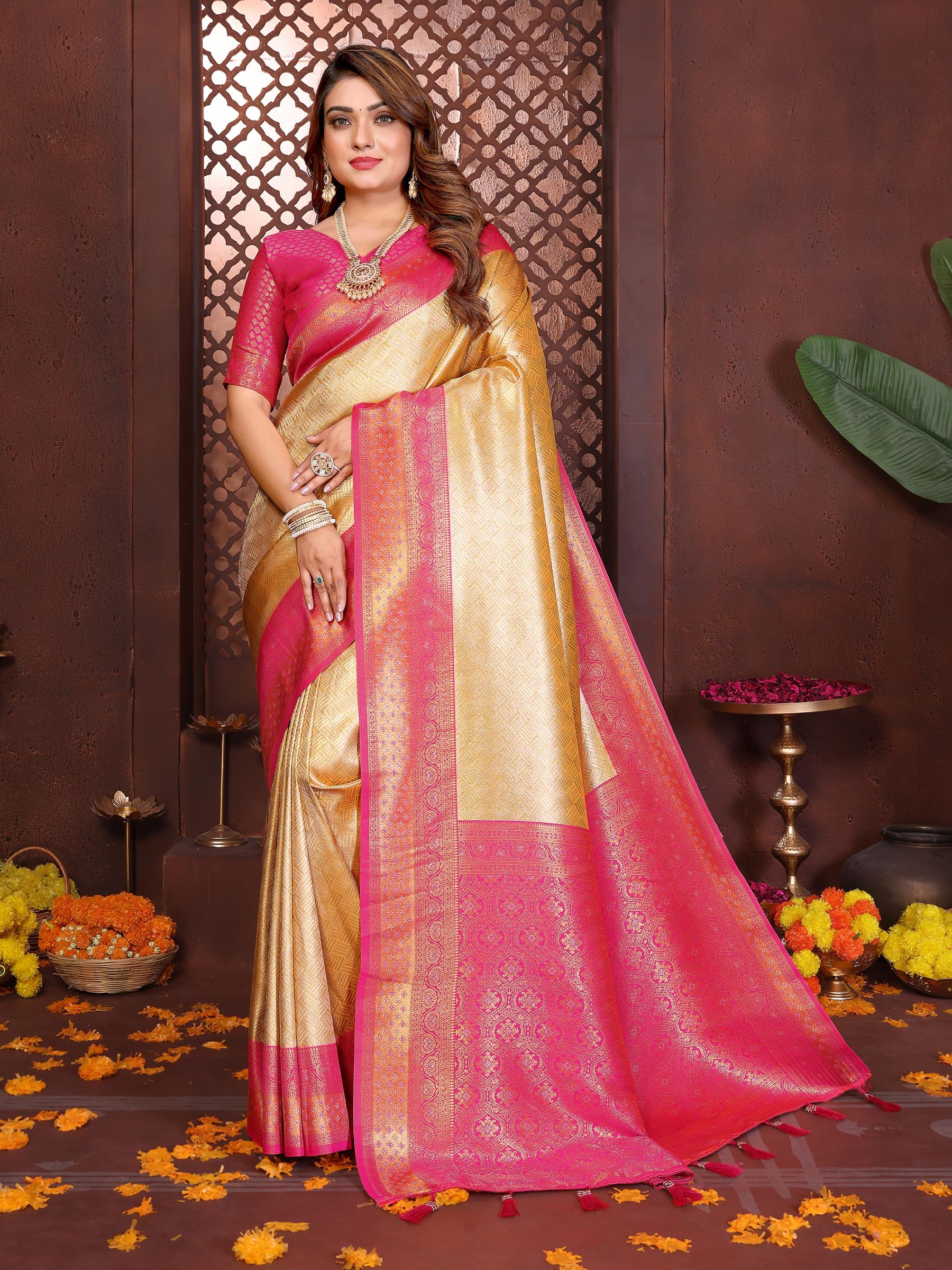 Yellow Pink Jacquard Woven Banarasi Tissue Silk Saree