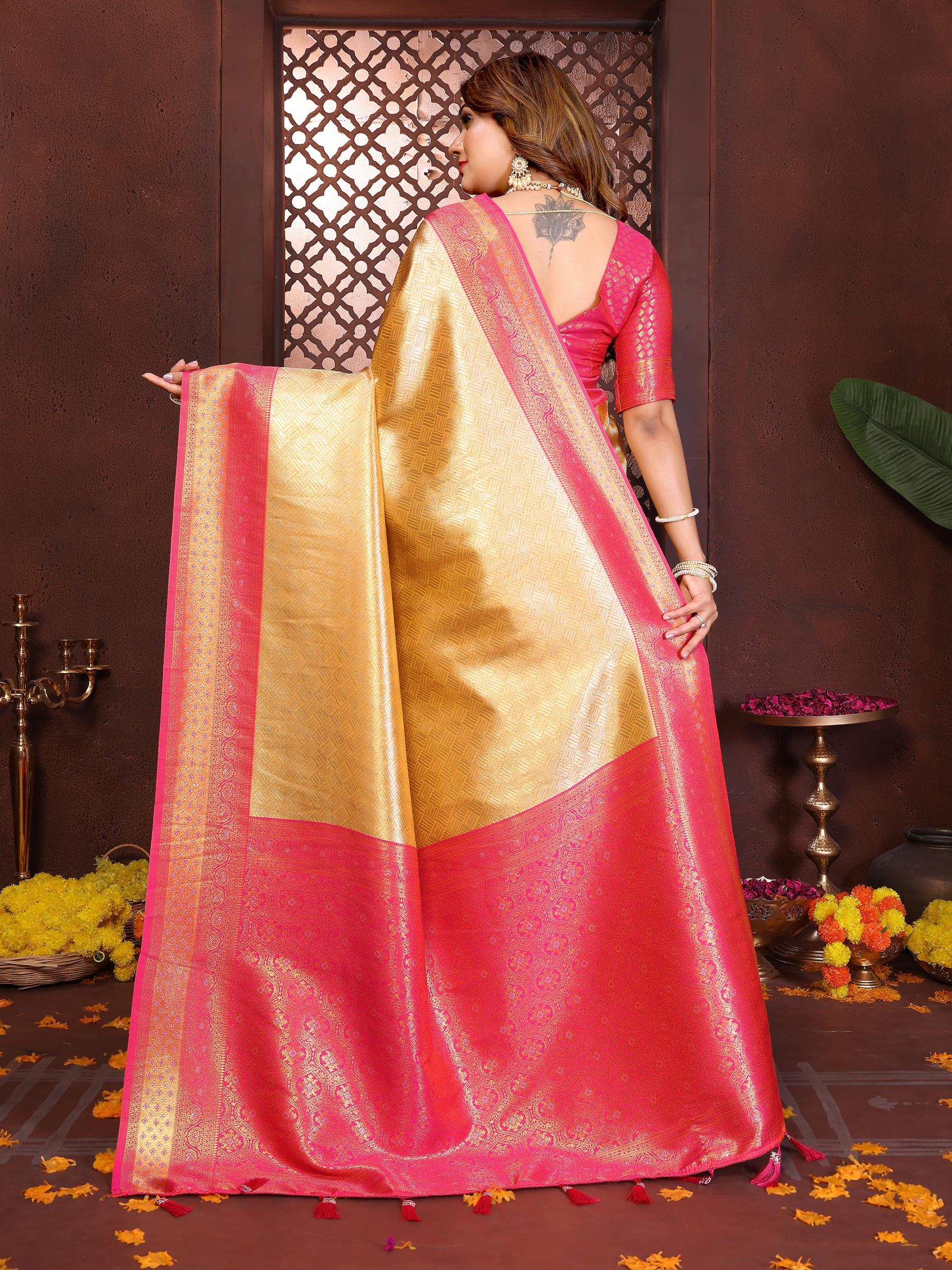 Yellow Pink Jacquard Woven Banarasi Tissue Silk Saree — alternate view