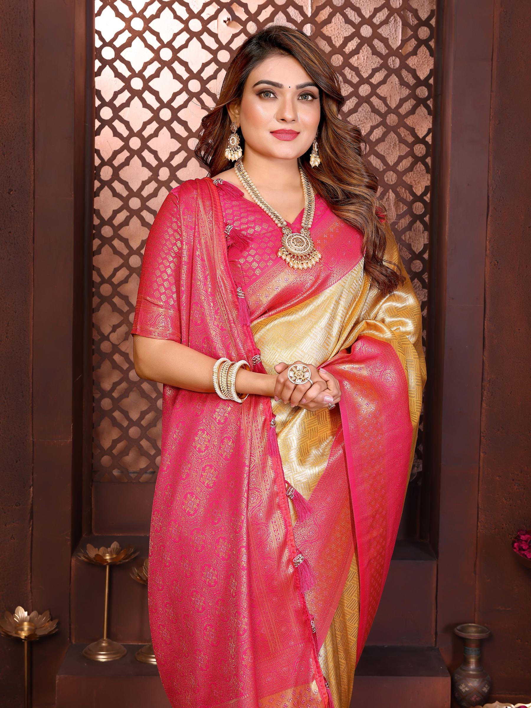 Yellow Pink Jacquard Woven Banarasi Tissue Silk Saree