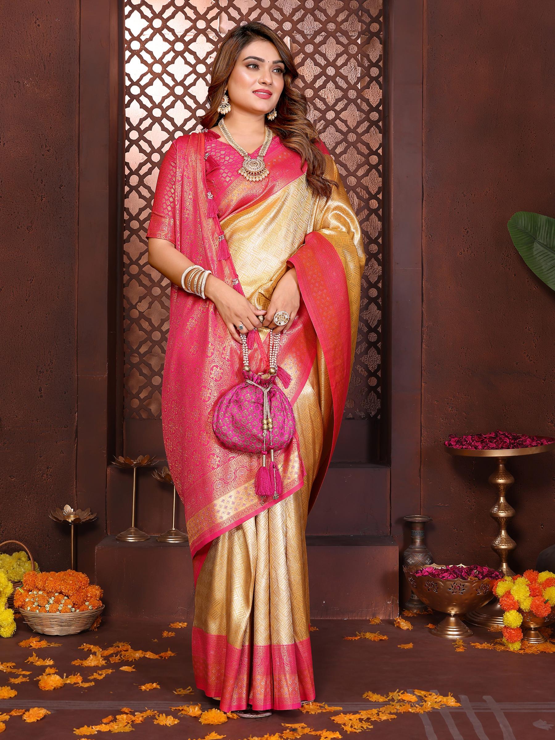 Yellow Pink Jacquard Woven Banarasi Tissue Silk Saree