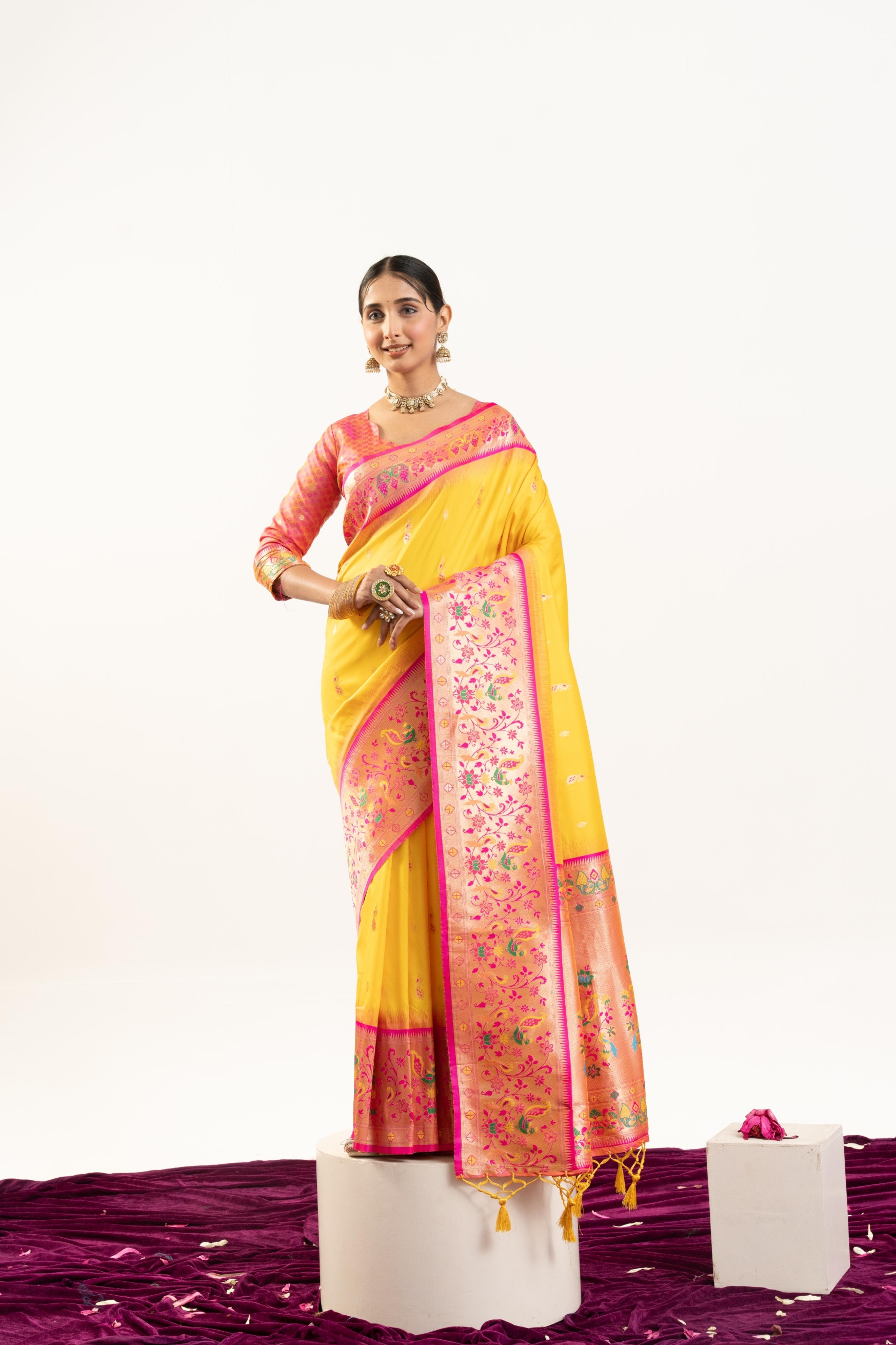 Yellow Pink Paithani Woven Banarasi Silk Saree