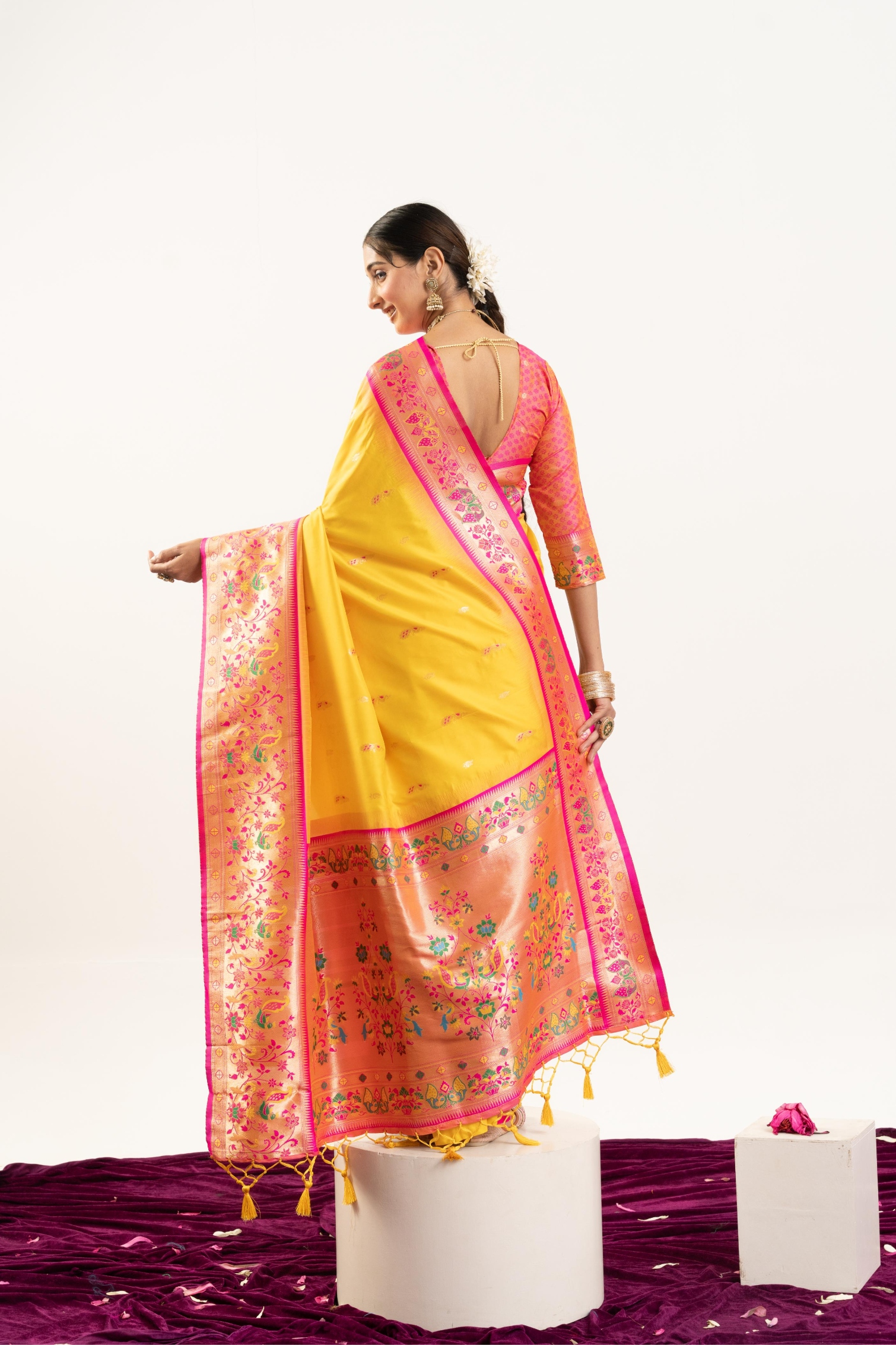 Yellow Pink Paithani Woven Banarasi Silk Saree — alternate view